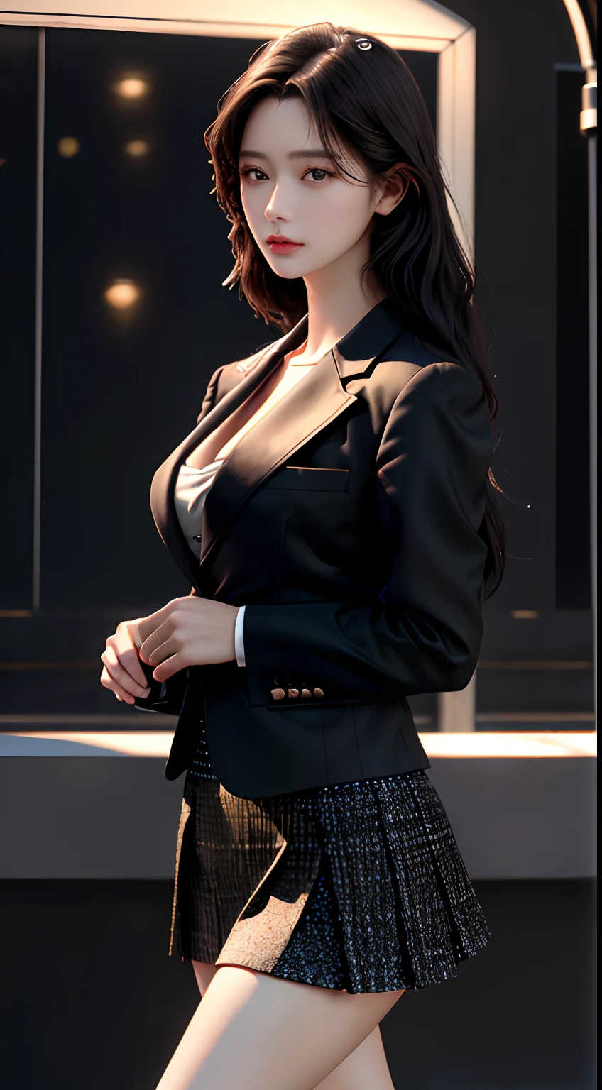 top-quality, ​masterpiece, 1girl in, beautiful countenance, (photographrealistic:1.3), Rim lighting, (High Detail Skins:1.2), 8K UHD, Digital SLR, hightquality, hight resolution, 4K, 8K, bokeh dof, absurderes, best ratio four finger and one thumb, (realisitic:1.3), pretty 1girl, Wearing a black formal blazer, middlebreasts, a short skirt、(a miniskirt、upturned ass、light skinned、kawaii、Embarrassing、Super beauty、Upturned、Get on all fours with your big butt sticking out towards the viewer、While staring at the viewer)