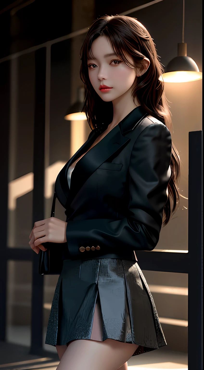 best quality, masterpiece, 1girl, Beautiful face, (photo realistic:1.3), rim lighting, (high detailed skin:1.2), 8k uhd, dslr, high quality, high resolution, 4k, 8k, Bokeh, absurdres, best ratio four finger and one thumb, (realistic:1.3), cute 1girl, wearing black formal blazer, medium breasts, short skirt,