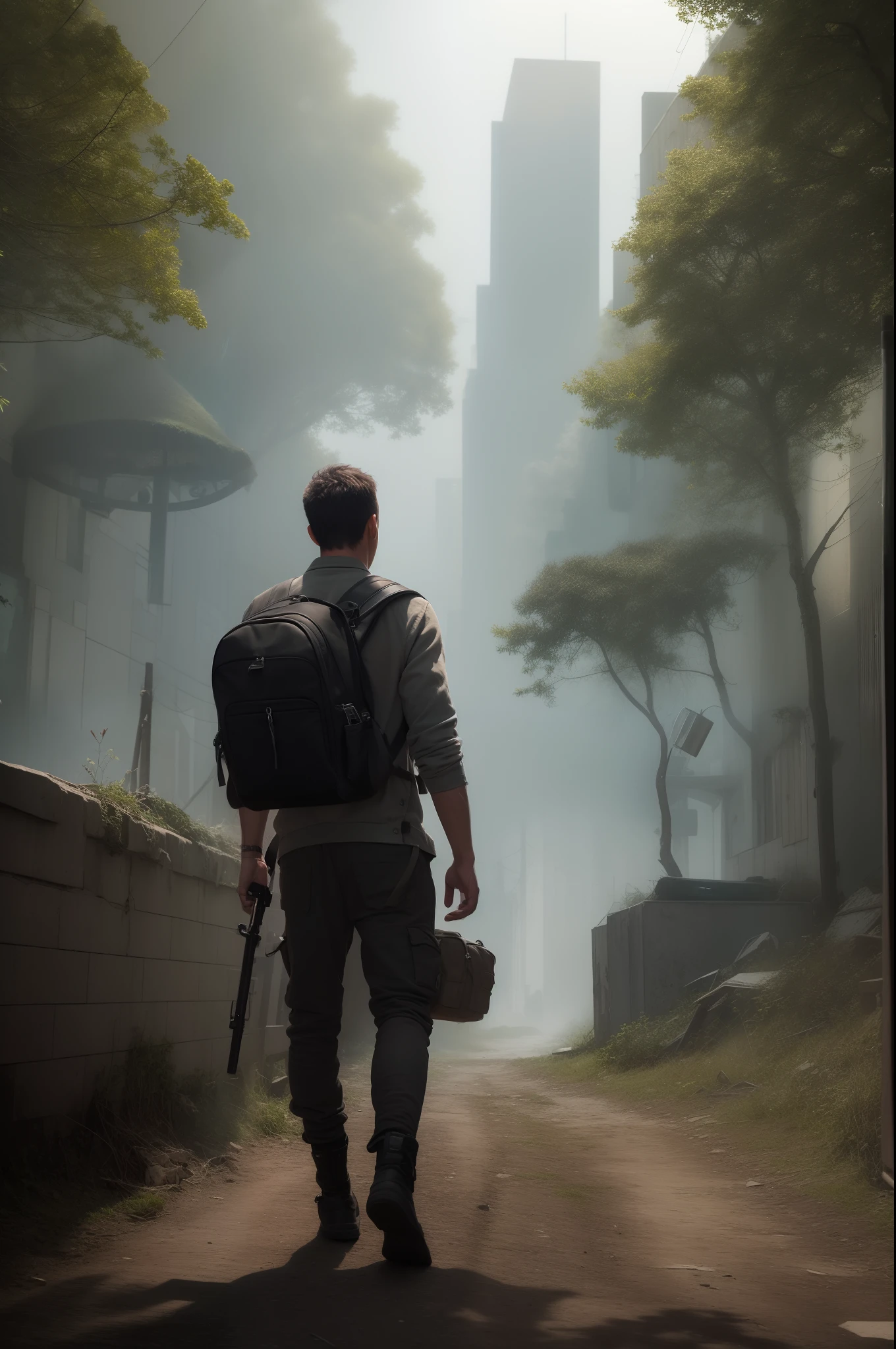 (Masterpiece) High Detail RAW, a post-apocalyptic man with a backpack walking through a dark alley in a forest lined with tall buildings, Hassan fantasy style, Jeremy Man and Donatojankora