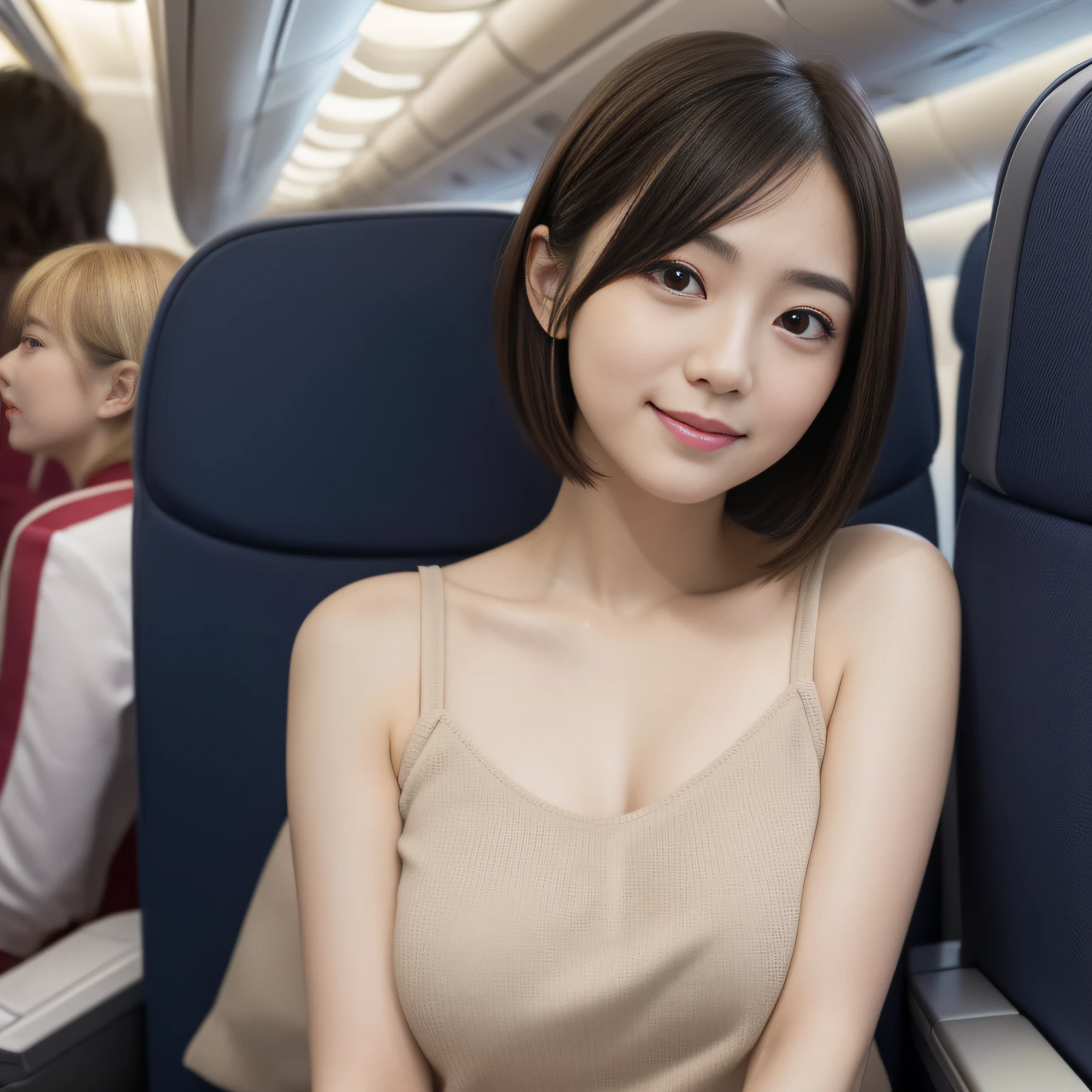 top-quality, masterpiece, , The ultra -The high-definition,(((Portrait photos)))、 (photorealisim: 1.4), RAW Photography, Beauty Japan, A hyper-realistic、Traveling alone、 (((On the plane)))、Beautiful Japan woman、kawaii faces、with round face、Skinny、Smile faintly、short-hair、Small face、huge tit、29yo、Looking at the camera、