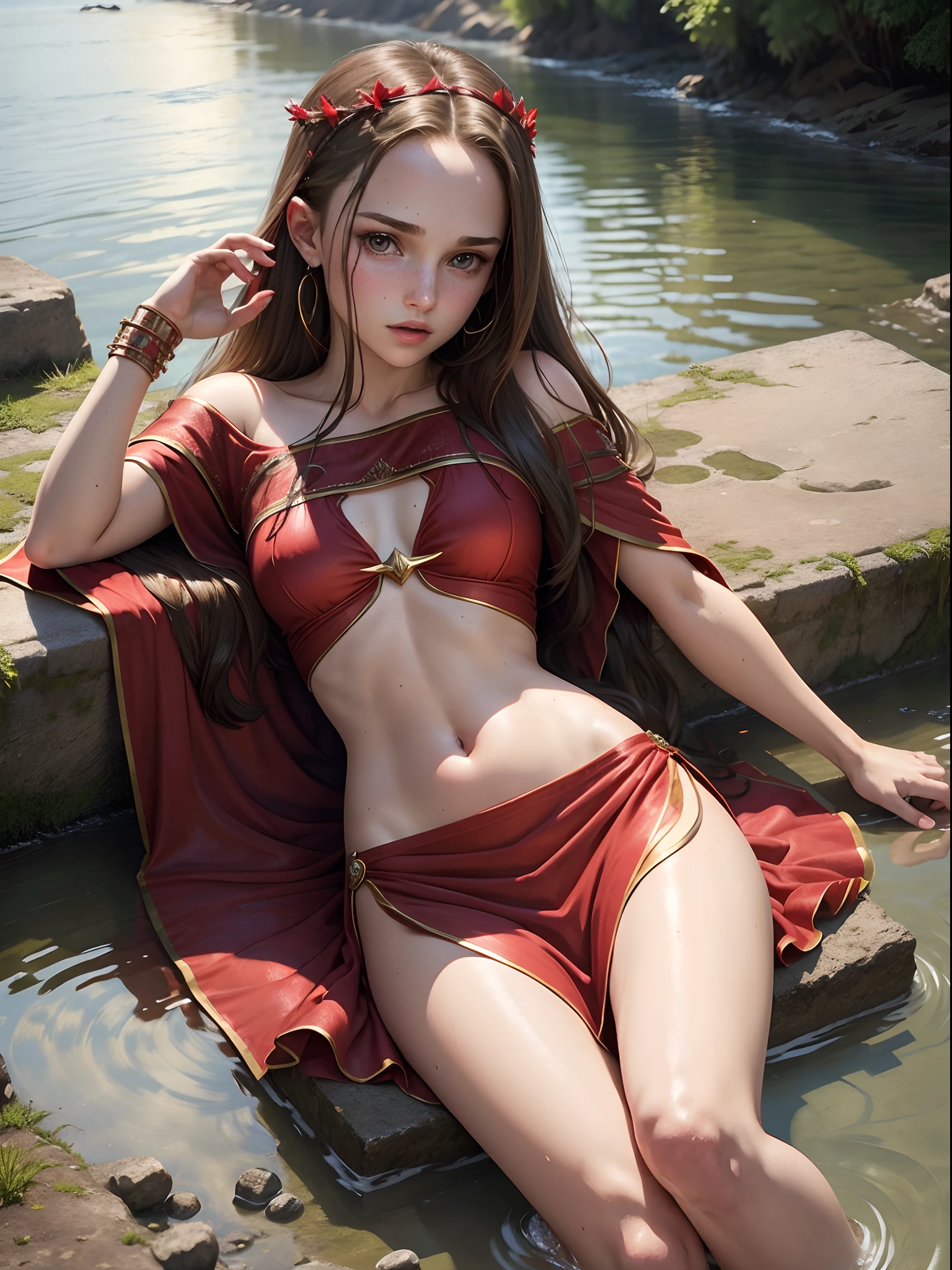 Natalie Portman as a red priestess girl. Freckles. intricate dress, wet crop top. lying down resting. Background river.