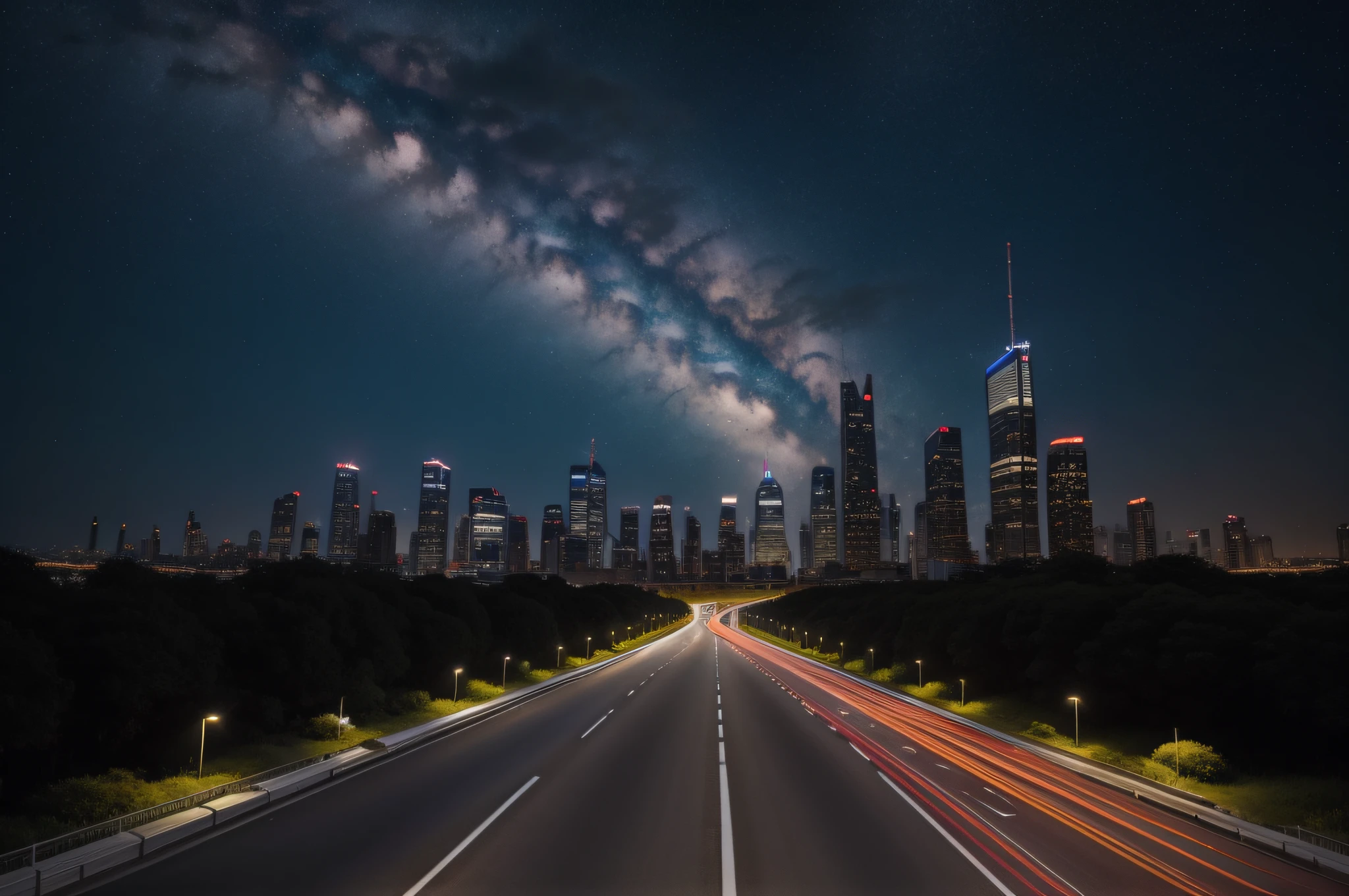 Straight highway,Cars speeding on the road,On both sides are skyscrapers,In the distance is the sky of the Milky Way,tmasterpiece,super-fine