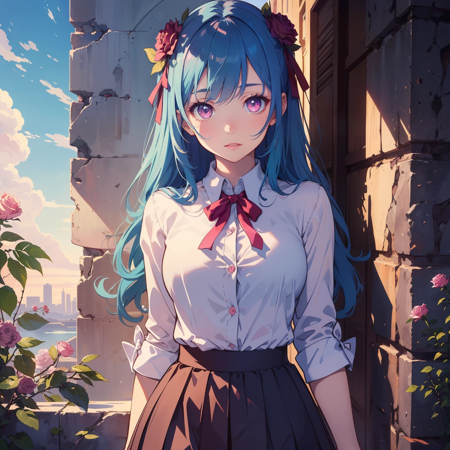 (finely detailed beautiful eyes and detailed face,masterpiece sidelighting,masterpiece,best quality,detailed,high resolution illustration), roses
(1girl,whole body,bishoujo,lustrous skin,looking down,looking at viewer),
(sky blue hair,pink eyes,short skirt,ribbon,button shirt)