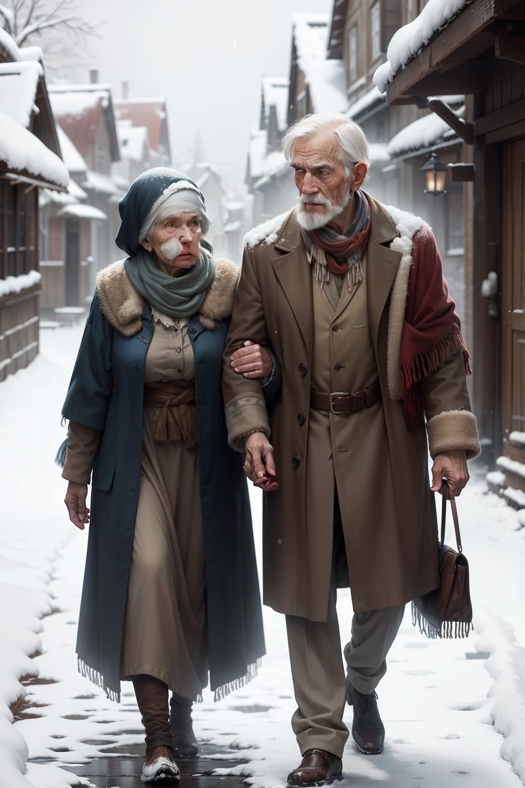 An old man in rags and an old woman with a disgusting and gloomy look in a feather shawl in a snowy village , The Art of Comics, oil painting, a closeup of a, Light haze