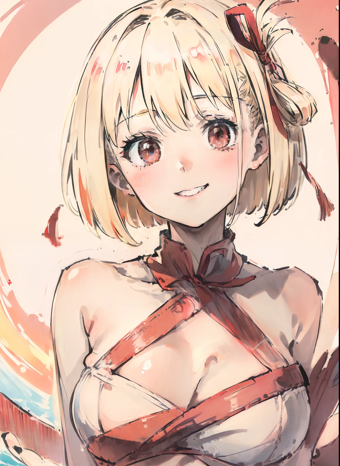 ((facing front:1.5)),Beautiful and cute girl with dazzling smile, 1girl in, Solo, Bob Hare,Red ribbons, platinum-blonde,red eyes, Beautiful detailed eyes, Looking at Viewer, A smile, Portrait,Bikini swimwear, Upper body, tits out, Backlight, shores