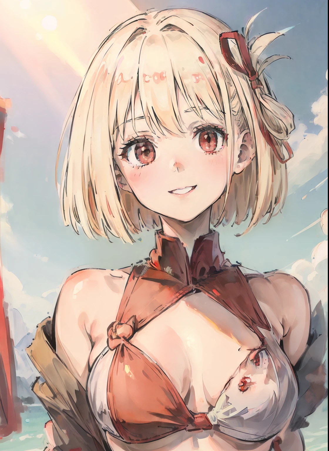 ((facing front:1.5)),Beautiful and cute girl with dazzling smile, 1girl in, Solo, Bob Hare,Red ribbons, platinum-blonde,red eyes, Beautiful detailed eyes, Looking at Viewer, A smile, Portrait,Bikini swimwear, Upper body, tits out, Backlight, shores