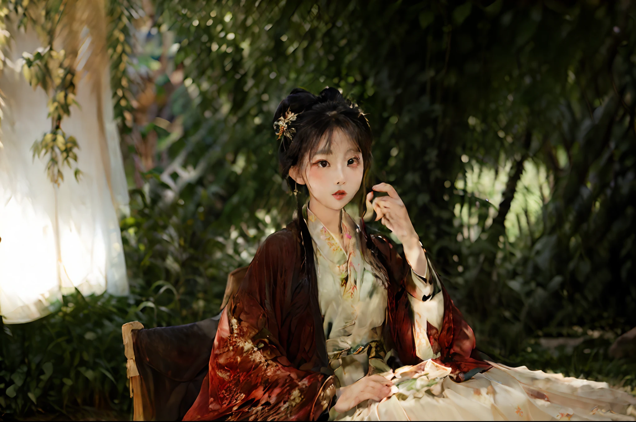There was a woman sitting at a table drinking a cup of tea, A young Asian woman, Young Asian woman, mid shot portrait, Shoot together, Young Asian girl, Handsome girl, Portrait image, An Asian woman,Highest image quality,Long-haired girl,Ancient wind,Ancient maiden,Hanfu,China-style,In the garden