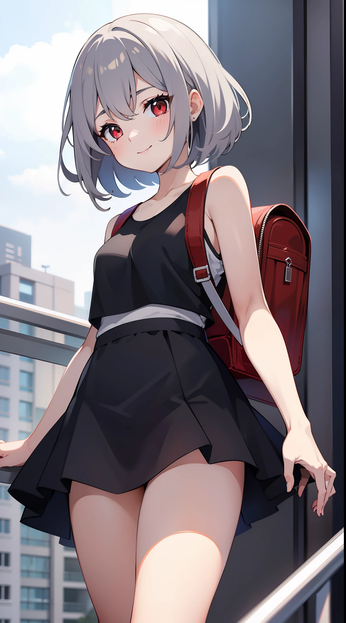 young girl, short gray hair, red-eyes, white tanktop, Upskirt, ssmile, backpack, stocklings, Masterpiece, hiquality