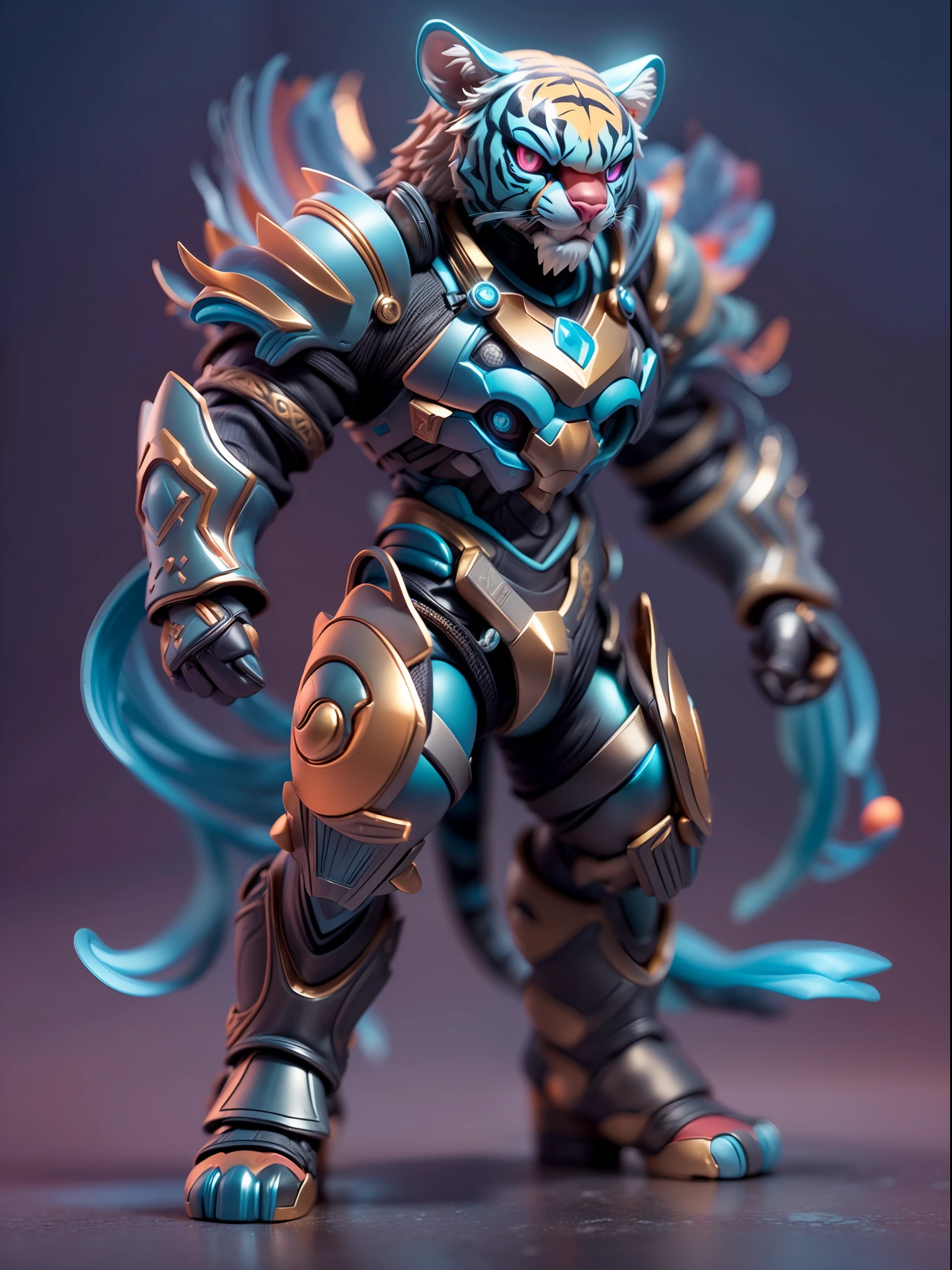 (Blind box toy style:1.3),((Full body shot))(anthropomorphism) , (1 strong tiger metal warrior)(((solo))) metal armor,dreamy glow, Clean dark background,Red cyan style，(circular base）( Global illumination, Ray tracing, hdr, unreal render,reasonable design, high detail, Masterpiece, Best quality, hyper HD, Cinematic lighting)