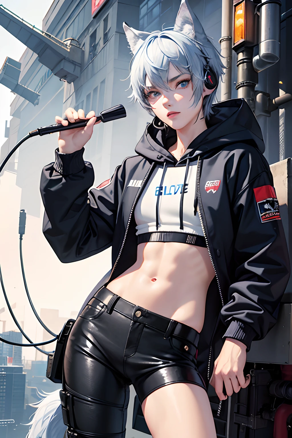 solo person,tmasterpiece,Exquisite facial features,s the perfect face,Libido boy,mature,sexy for,Wolf tail,Brush cut,Expressionless,Beautiful eyes,Amber pupils,white skinned,Hooded sweatshirt,blue hairs,Issuing,shoun,tear-mole,cyber punk perssonage,Earphone,frontage,Looking at you,male people