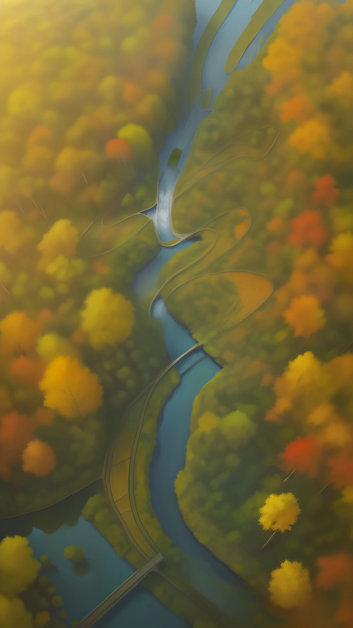 A city(((small stream))) Through autumn ((((ln the forest))), Top view, Telephoto, Minimalist style,illustration， ((Best quality)),((High- sharpness)),((Realistic,)),((Masterpiece)),((Best quality)),(Realistic)