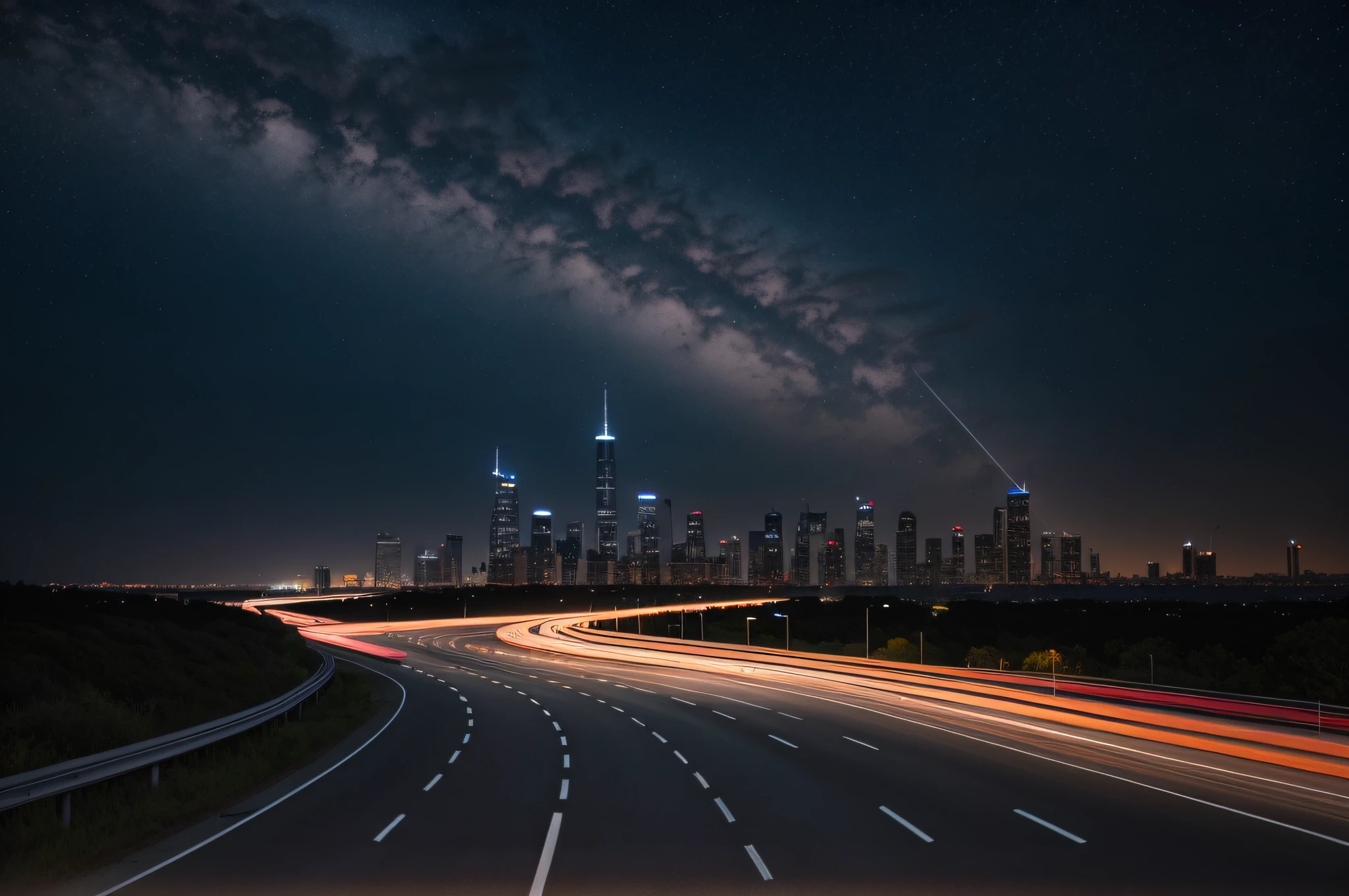 Night view of the highway with the city skyline as the background, City lights on the horizon, long exposure outside the city, night city on the background, traffic with light trails, shiny city in the distance, long exposure shot, long exposure 8 k, long exposure photograph, Photo of futuristic cityscape, long exposure photograph, night city on the background, night cityscape