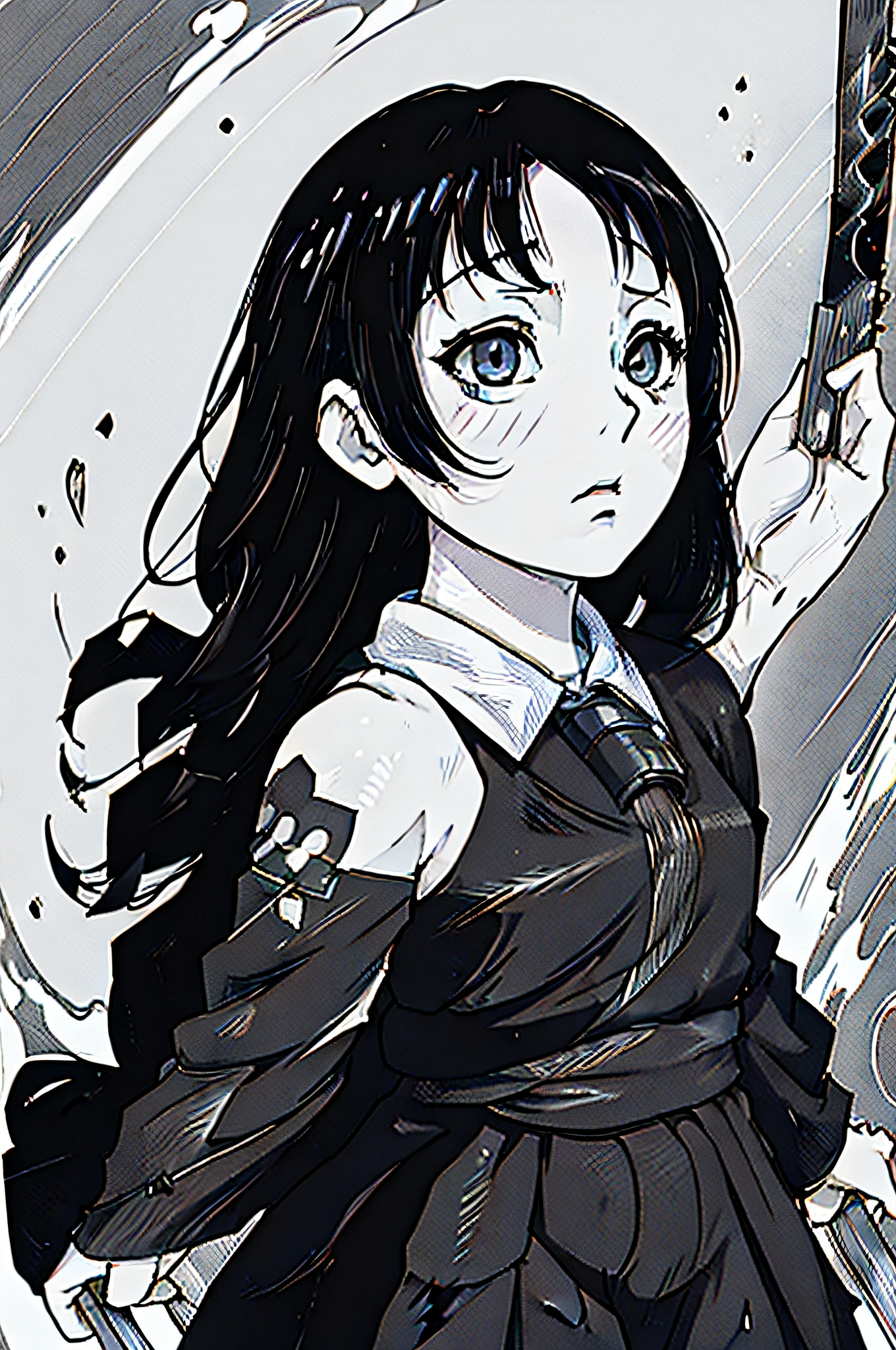 Black and white image of a young girl, clean and meticulous anime style, clean anime outlines, 2 d anime style, perfect lineart, thick black lineart, anime shading), in an anime style, Manhwa Style, seinen manga portrait, kentaro miura manga art style, clean lineart, Detailed anime face, flat anime style shading