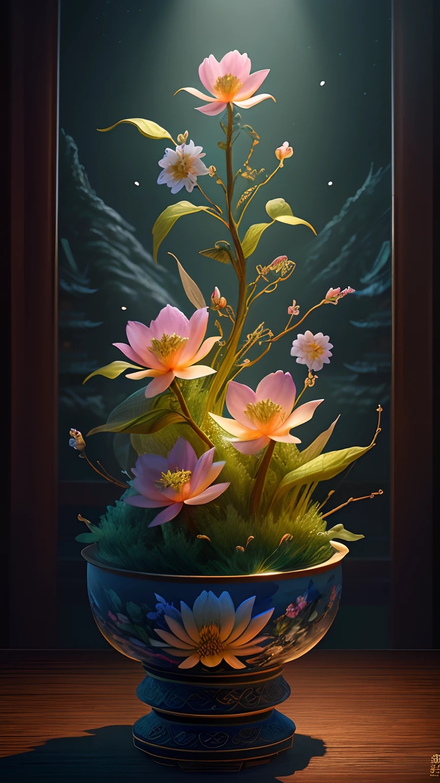 best quality, realistic, photorealistic,  ultra detailed, "Mountain of Flower and Fruit+Fairy+Chinese Architecture" highly detailed carving on "southern ice" porcelain,Ultra wide angle,Accent Lighting,Volumetric Lighting,backlighting, (detailed light),((an extremely delicate and beautiful)),dramatic_shadow,ray_tracing,hdr