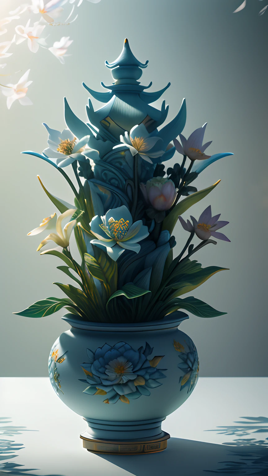 best quality, realistic, photorealistic, ultra detailed, "Mountain of Flower and Fruit+Fairy+Chinese Architecture" highly detailed carving on "southern ice" porcelain,Ultra wide angle,Accent Lighting,Volumetric Lighting,backlighting, (detailed light),((an extremely delicate and beautiful)),dramatic_shadow,ray_tracing,hdr