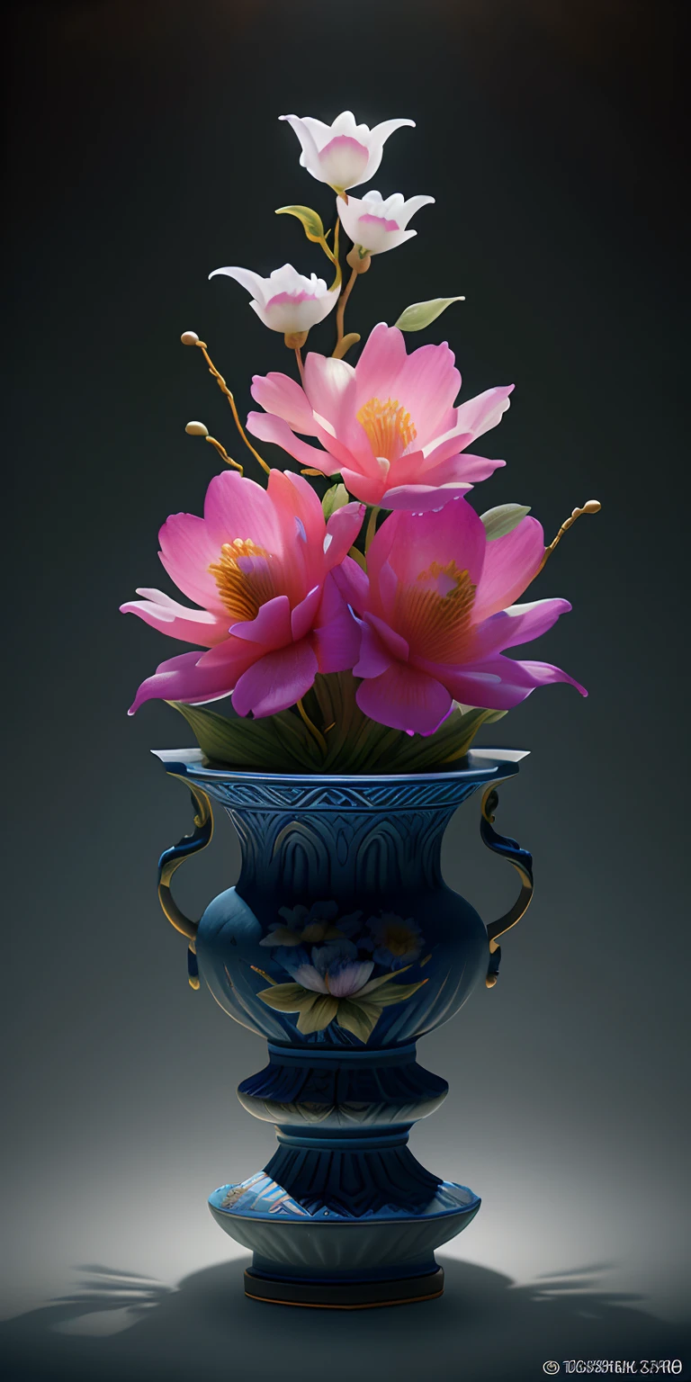There is a blue vase with pink flowers in it - SeaArt AI