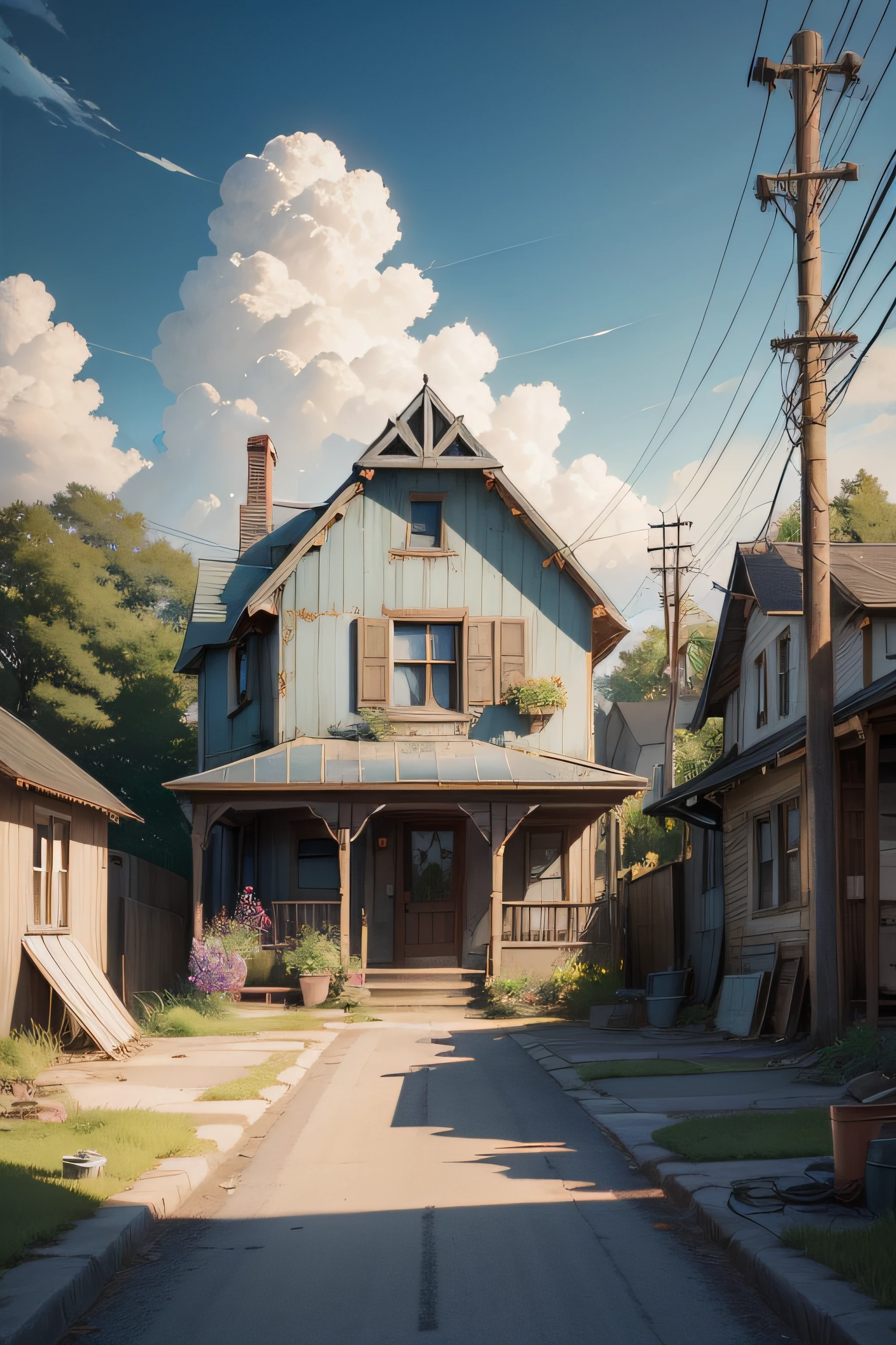 very cozy little place, hyper realism, (anime Makoto Shinkai:0.4), old shabby house in city street, home wiring, outdoors, sky, cloud, day, scenery, tree, blue sky, building, sign, wires, railing, wide shot, utility pole, town, wilderness, flowers, a lot of utensils lying around in a mess