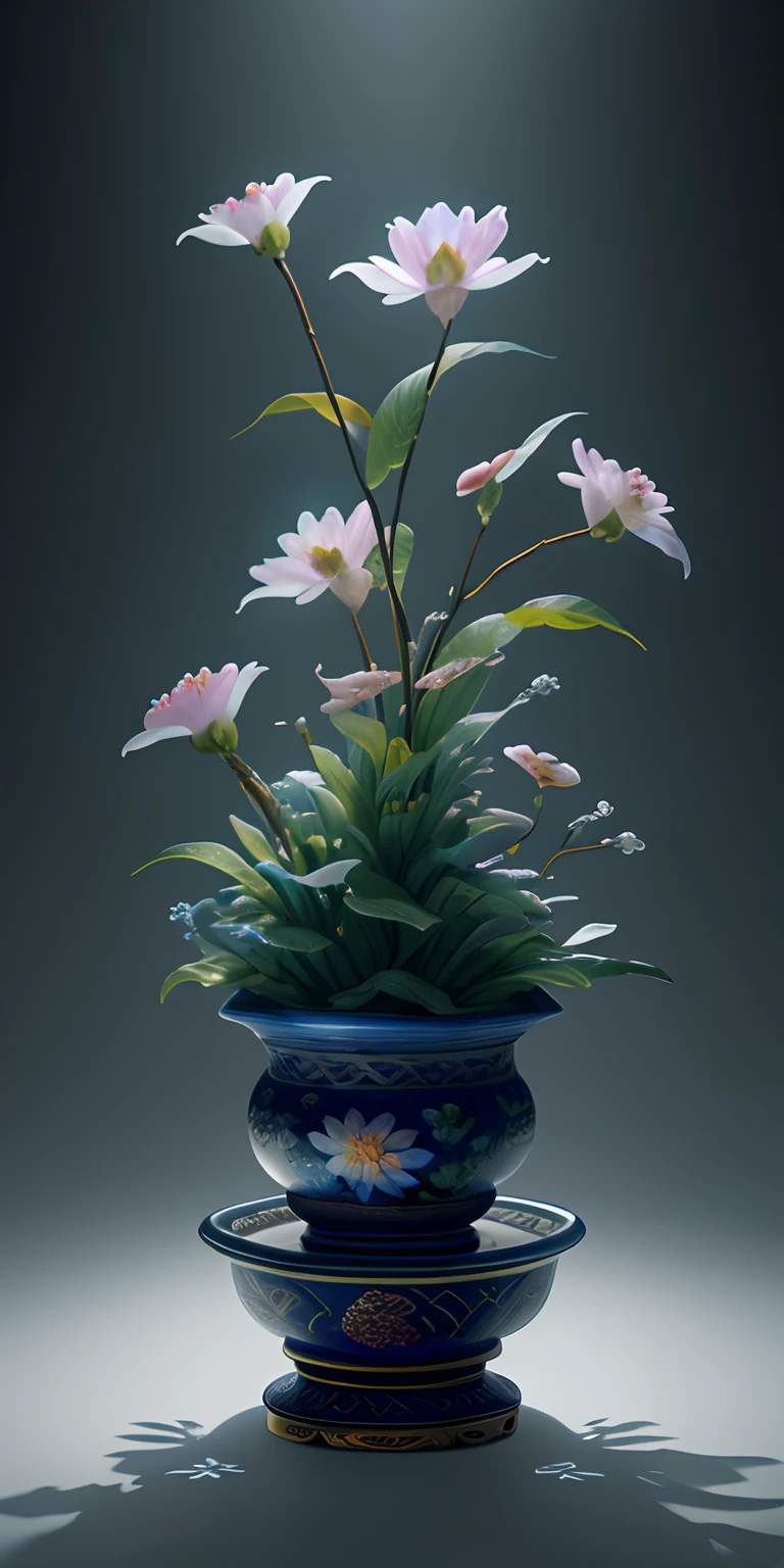 There is a blue vase with pink flowers in it on a table - SeaArt AI