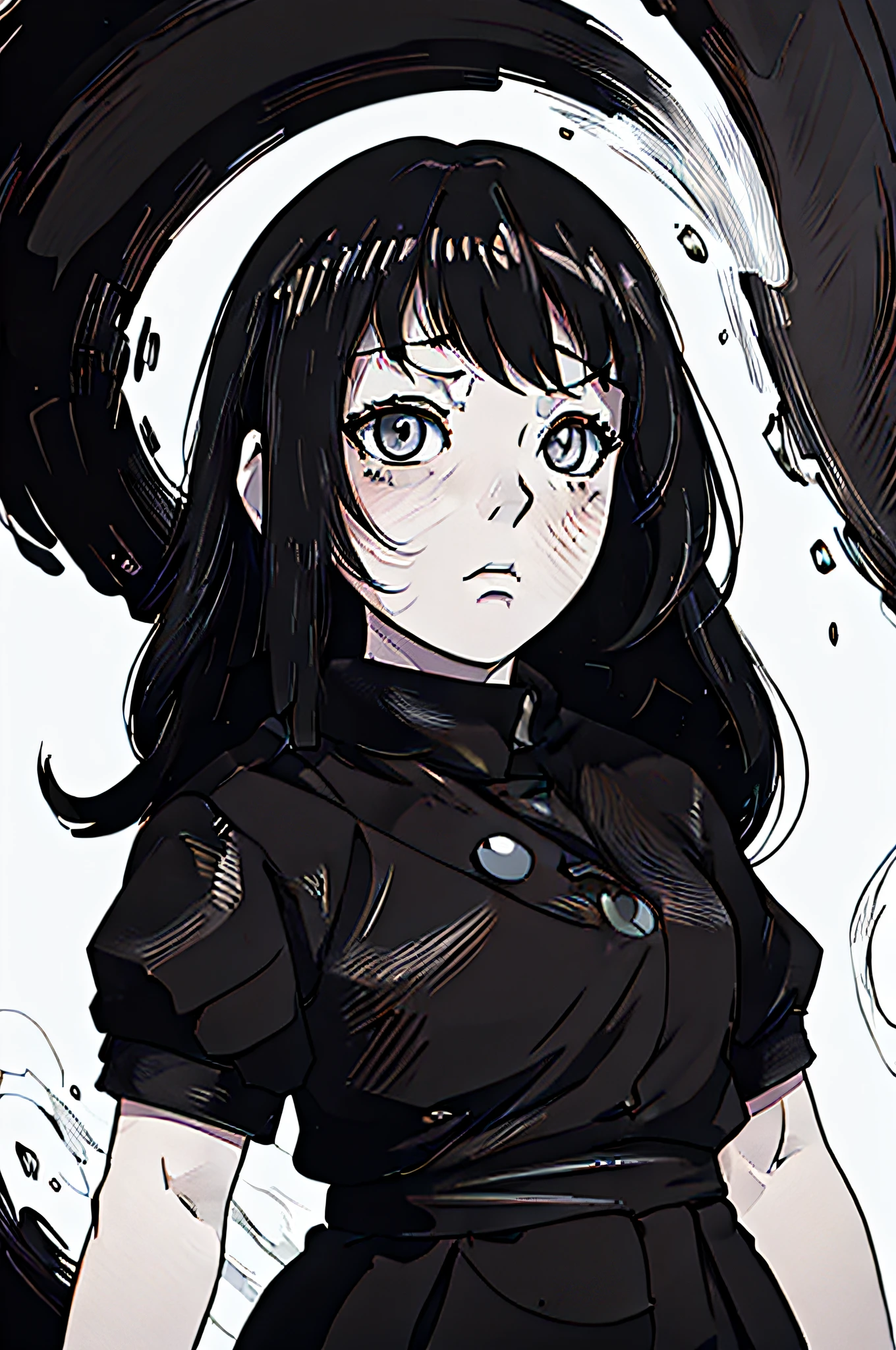 Black and white image of a young girl, clean and meticulous anime style, clean anime outlines, 2 d anime style, perfect lineart, thick black lineart, anime shading), in an anime style, Manhwa Style, seinen manga portrait, kentaro miura manga art style, clean lineart, Detailed anime face, flat anime style shading