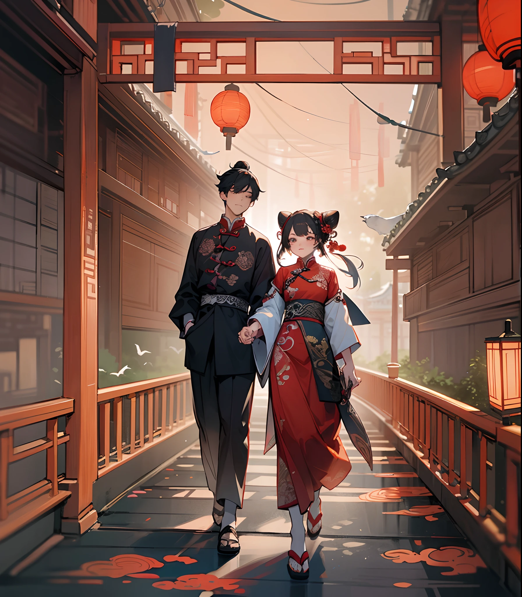 A man and a woman holding hands,Walk on a bridge made up of birds,Surrounded by Chinese lanterns,chinese ancient costume,(hair-bun) official fanart, Inspired by traditional Chinese culture, Beautiful chinoiserie illustration, , boy girl traditional romance,8K,high qulity