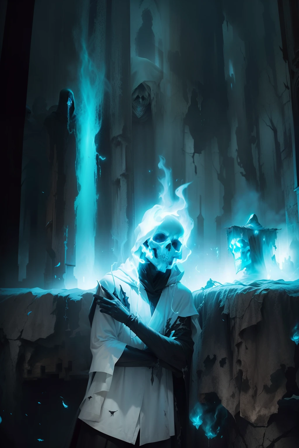 arafed image of a ghostly man in a white robe with a hood and a skull, ghost mask, horror fantasy art, ghostly necromancer, ghost of the fire spirit, fantasy horror art, dark fantasy horror art, scary ghost, dark hooded wraith, elegant horror artwork, portrait of a holy necromancer, dark cloaked necromancer