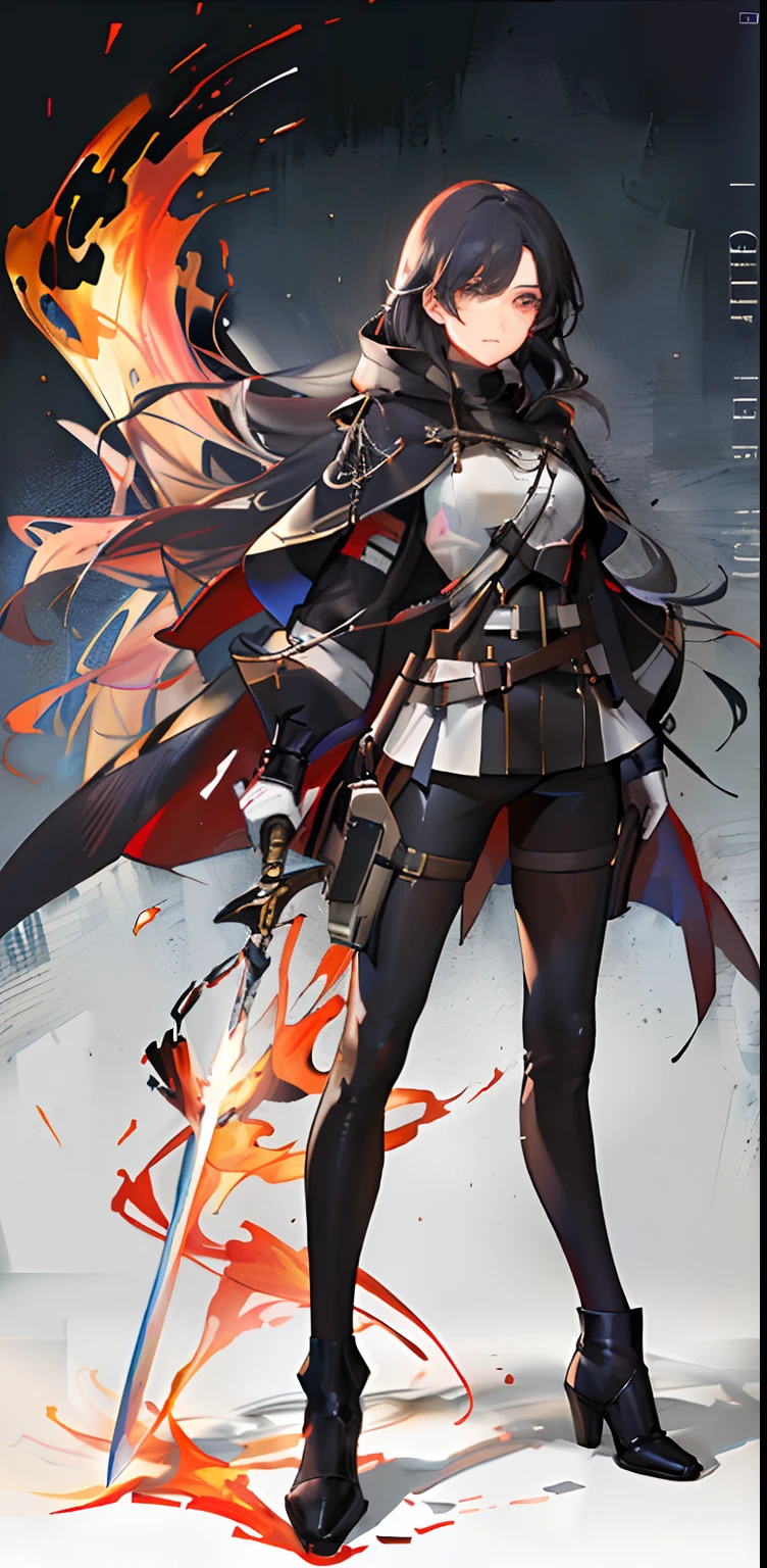 best qualityer,tmasterpiece,Ultimate resolution,downy,Extremely colorful,Colorful,Black and red military uniform,Stand with swords in both hands,sideways standing,legs separated,sliver long hair,a matural female,There is a fire in the background,Sword marks,Hair flutters in the wind,heroic look,Long black leather boots,Handsome pants,There is a very leash on the body,The cape flies