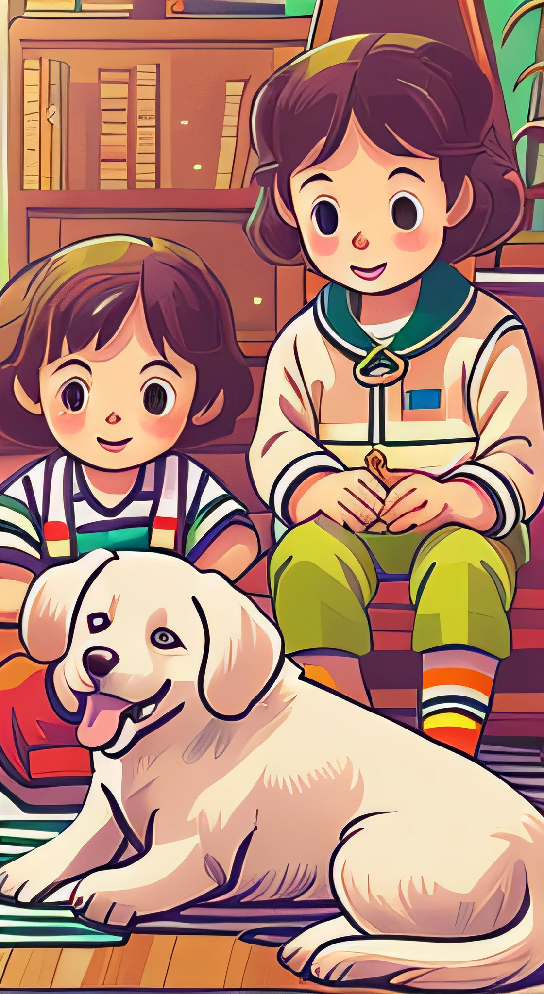 Photo of two children and a dog playing,Yasutomo Oka photo,dribbble,naive art,children's tv show,Propaganda art,children illustration,flatillustration,Trend illustration,Maximalism。Simple illustration