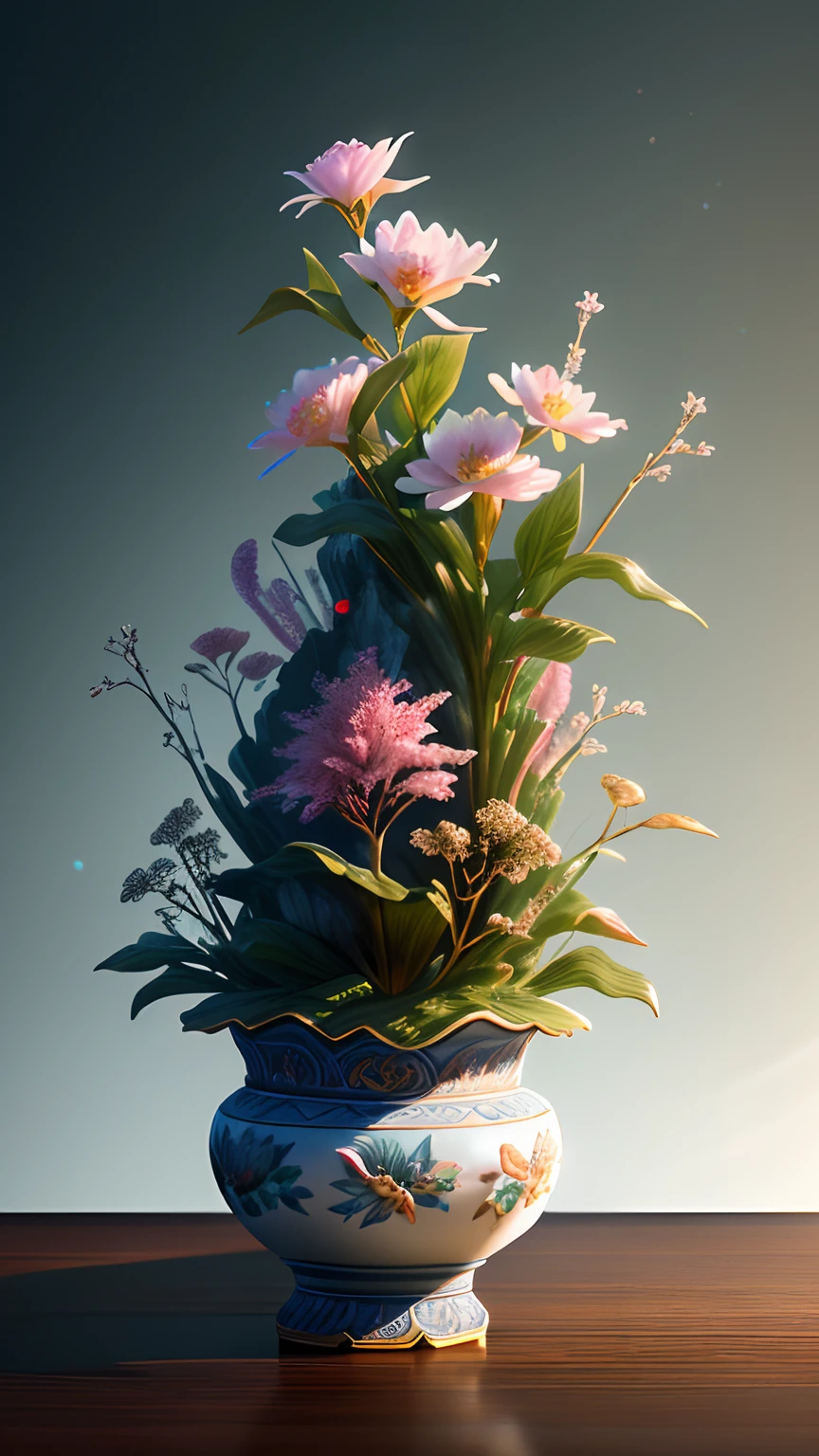 best quality, realistic, photorealistic, ultra detailed, "Mountain of Flower and Fruit+Fairy+Chinese Architecture" highly detailed carving on "southern ice" porcelain,Ultra wide angle,Accent Lighting,Volumetric Lighting,backlighting, (detailed light),((an extremely delicate and beautiful)),dramatic_shadow,ray_tracing,hdr