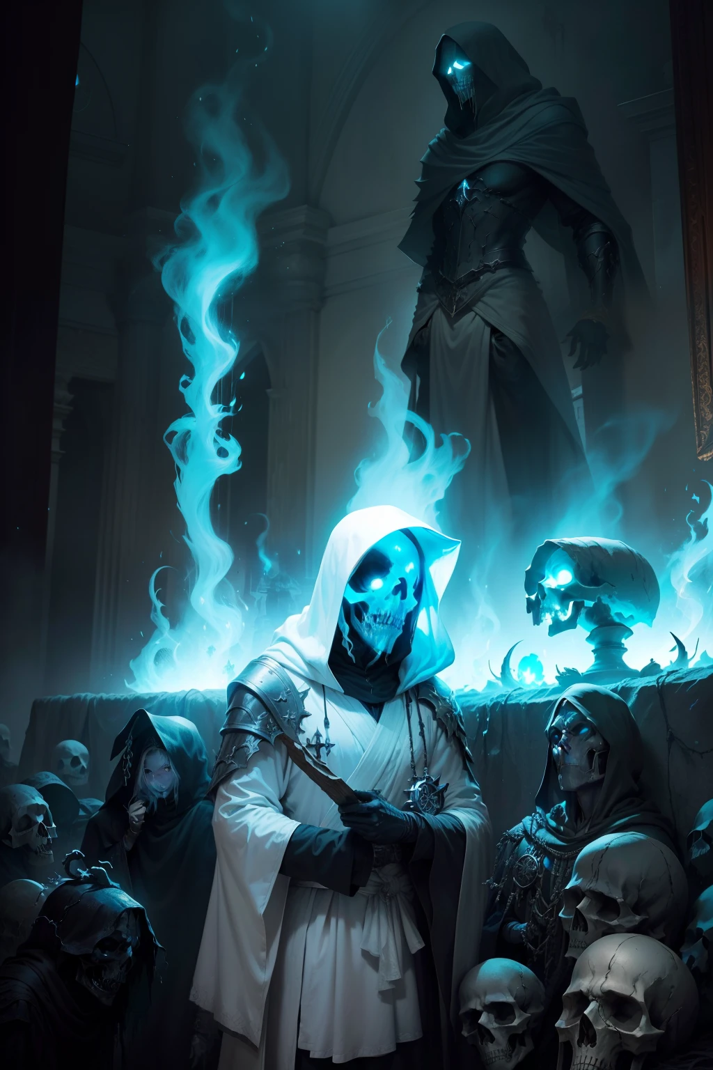 arafed image of a ghostly man in a white robe with a hood and a skull, ghost mask, horror fantasy art, ghostly necromancer, ghost of the fire spirit, fantasy horror art, dark fantasy horror art, scary ghost, dark hooded wraith, elegant horror artwork, portrait of a holy necromancer, dark cloaked necromancer