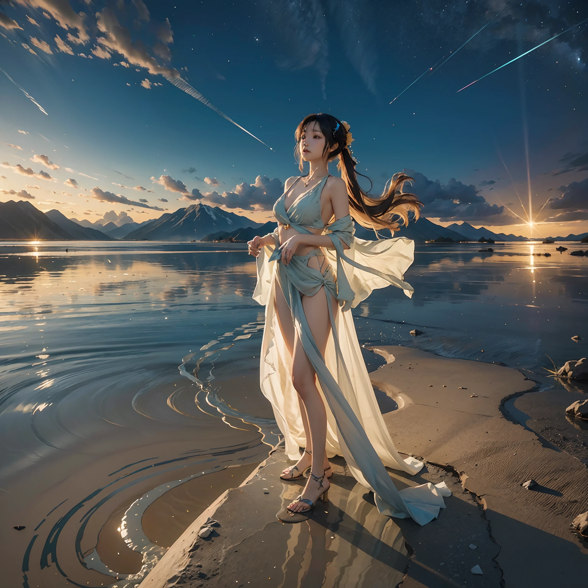 （（best qualtiy））， （（tmasterpiece））， （（Long-range shots）），early evening， A woman who is，Standing in the middle of the salt lake，The surface of the water is like a mirror，Reflecting the sky。Look at the sky，The Milky Way is in the sky。masterpiece, best quality, highres, ultra high res,normal body shape,anime,1 girl,morning,long hair