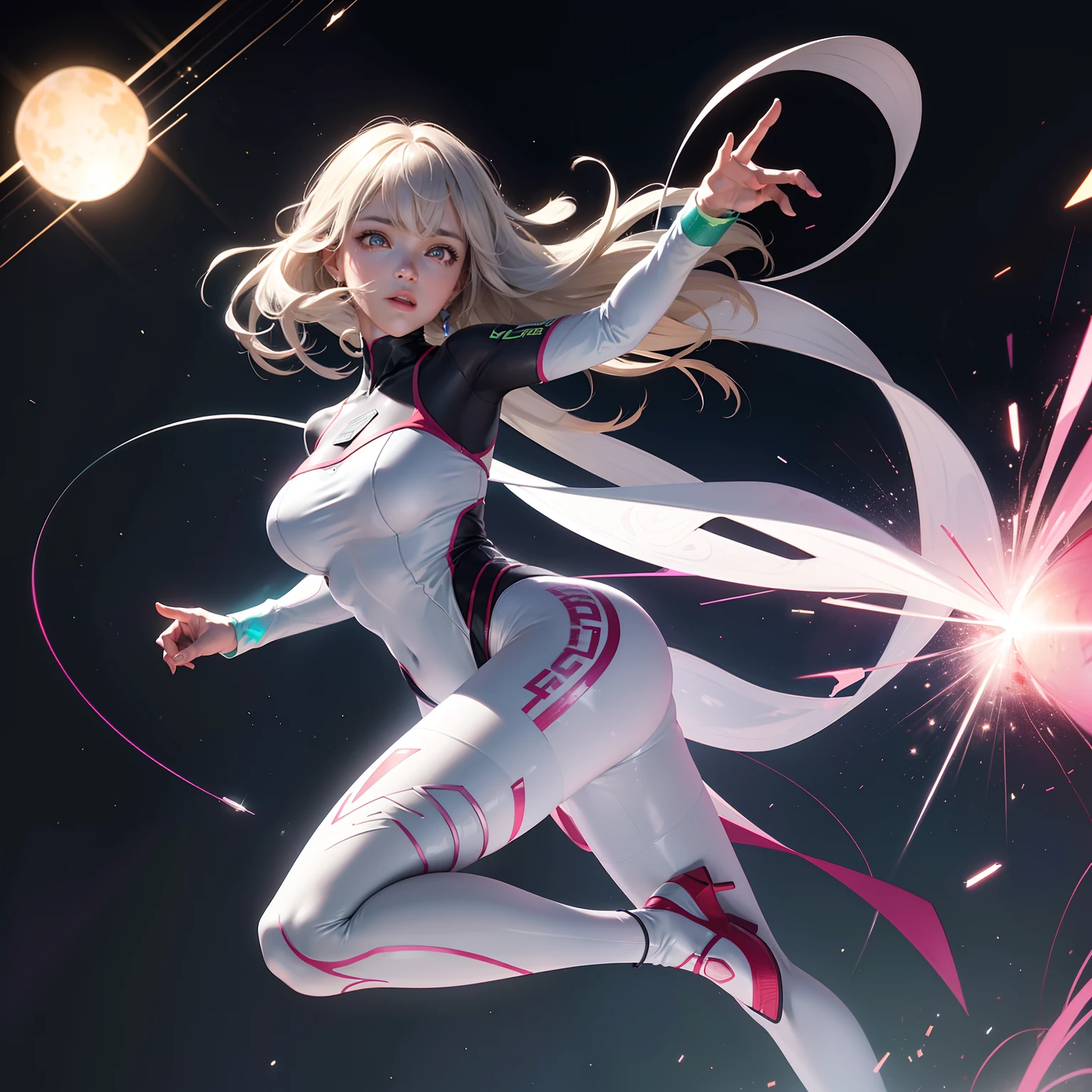 (full body:1.5),(1girl:1.3),(view the viewer:1.4),(anatomy correct:1.45),(Wear printed fantasy Ultraman tight point-toe heels ,and very thick printed pantyhose :1.35), (Light particle effect:1.3),(In pink | amarelo | blue colors| green color |red colour | white colors| black in color| purpleish color| greys| Beige| Flesh color 1.4),(Glowing eyes:1.3),(Large amplitude action: 1.3),(Accurate and perfect face:1.4),hyper HD, Ray traching, reflective light,structurally correct, Award-Awarded, high detal, lightand shade contrast, Face lighting,cinmatic lighting, tmasterpiece, super detailing, high high quality, high detal, best qualityer, 16k,High contrast,