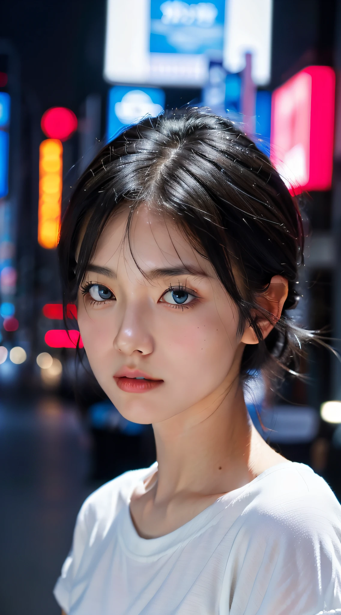 1girl, short black hair, blue eyes, wearing plain white shirt, city, absurdres, high res, ultrasharp, 8K, masterpiece, looking at viewer, tokyo, neons, face picture