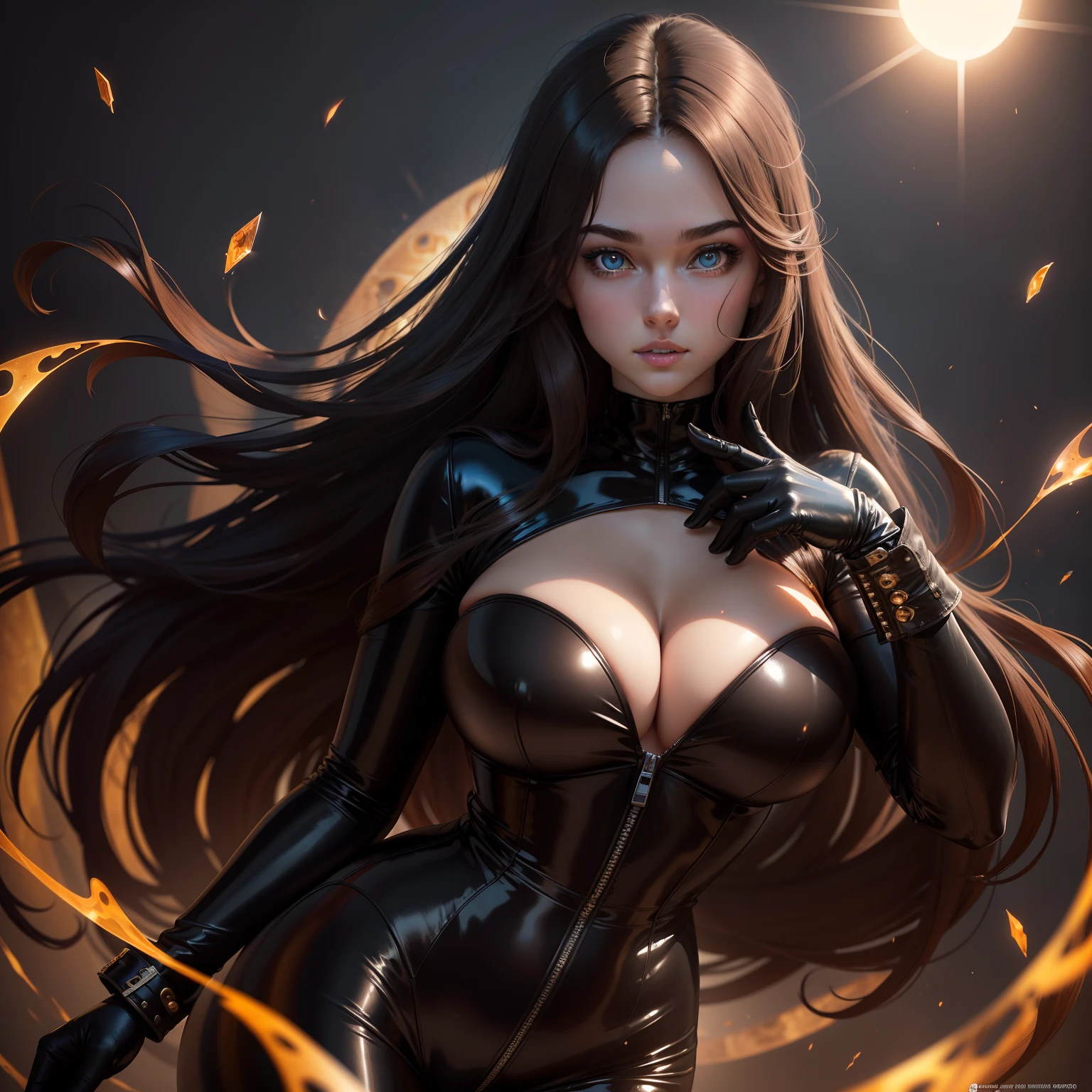 (highres, ultra detailed), masterpiece, best quality, a beautiful 18 years old woman in black latex outfit with gloves, cute, solo, long hair, brown hair, amber eye, glowing eye, curvy, big breasts, glow effect, finely eye, detailed face, looking at viewer, black aura swirl, sun, rim light