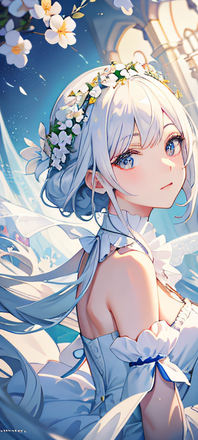 Alphad image of a woman in a white dress and a flower crown, Guviz, Art germ. High detail, Art germ. anime illustration, Style Artgerm, Guviz-style artwork, ! Dream art germ, like artgerm, art-style, artgerm detailed