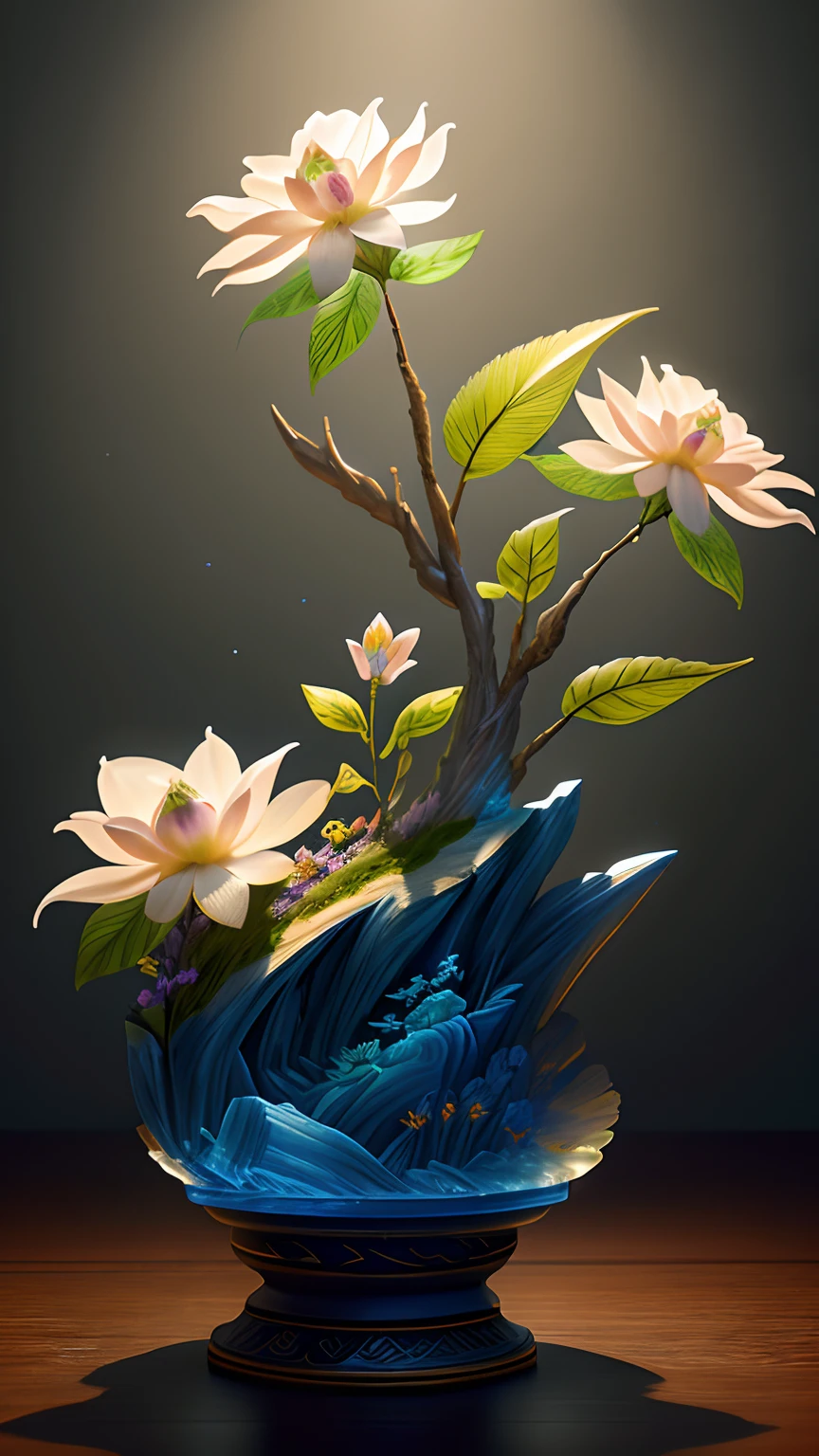 best quality, realistic, photorealistic, ultra detailed, "Mountain of Flower and Fruit+Fairy+Chinese Architecture" highly detailed carving on "southern ice" porcelain,Ultra wide angle,Accent Lighting,Volumetric Lighting,backlighting, (detailed light),((an extremely delicate and beautiful)),dramatic_shadow,ray_tracing,hdr