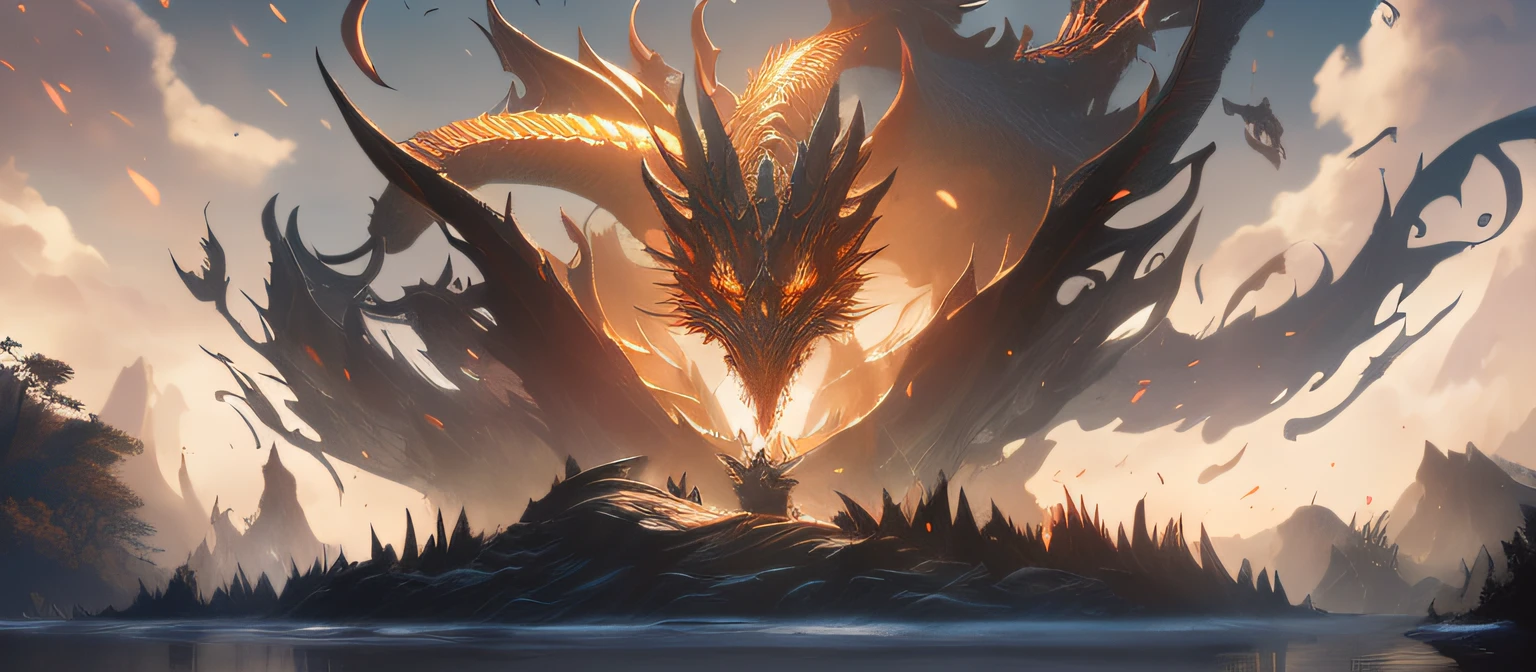 There was a dragon standing in the water, Epic fantasy digital art style, Epic fantasy art style, Dragon in the background, colossal dragon in background, epic fantasy illustration, Epic fantasy art style HD, the dragon girl portrait, Epic fantasy style art, Anime epic artwork, colossal dragon as background, battle with dragon, Detailed digital 2D fantasy art, Dragon girl