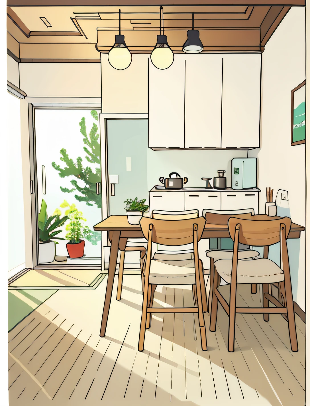 "There is a table and chairs in the room with the door，with backdrop of natural light，minimalistic and beautiful，scandinavian style，Japanese elements，The dining table is designed for comfortable aesthetics，Modern minimalist F20，Small kitchen，IKEA style，Octal 8K，Maximalism，wood accents，serene and peaceful style，Modern minimalist F20 clean，scandinavian design"