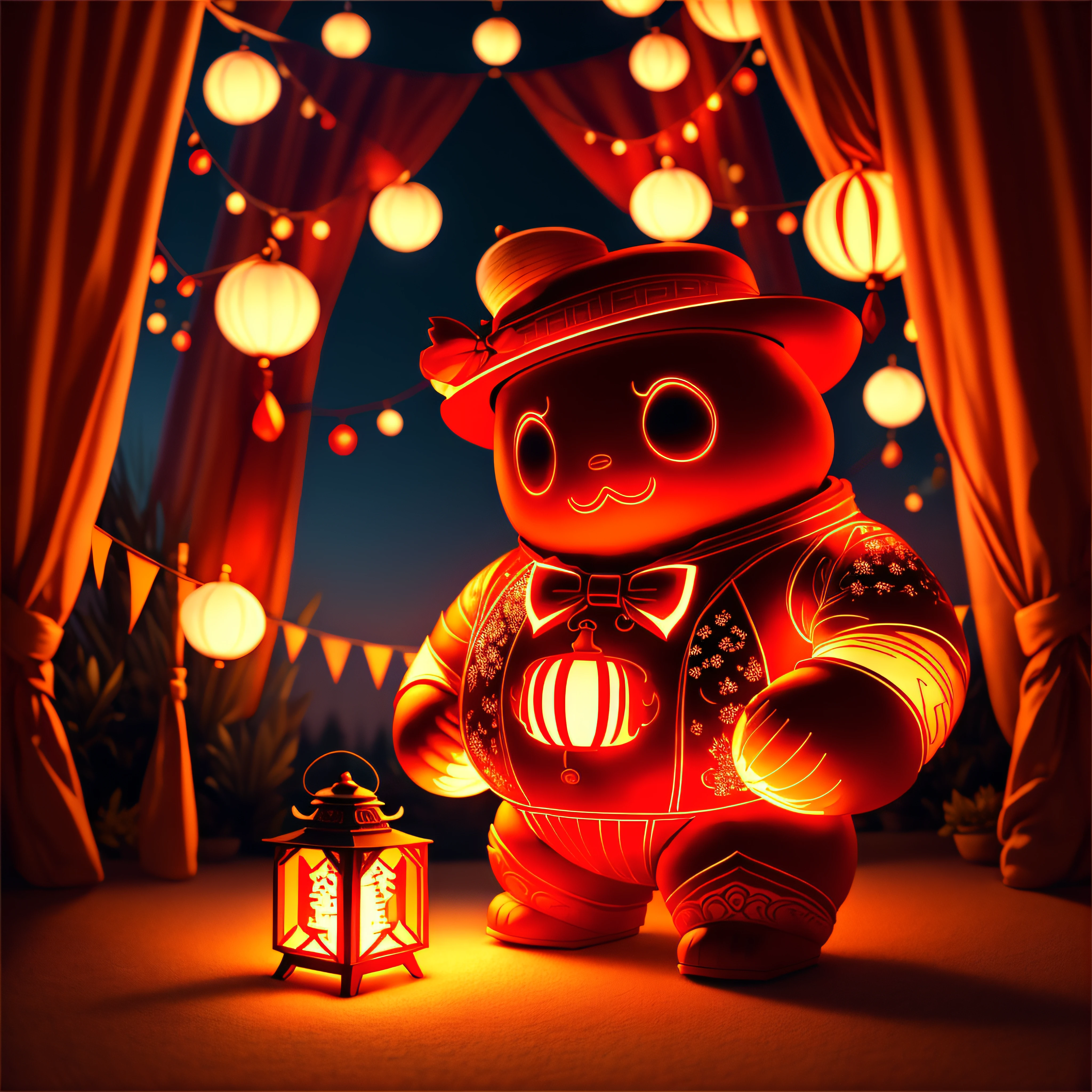 Mid-Autumn Festival ambiance, featuring a modern red fat robot adorned with a bowtie, donning a hat, holding a brightly illuminated lantern, against a backdrop depicting the festive spirit of the occasion.