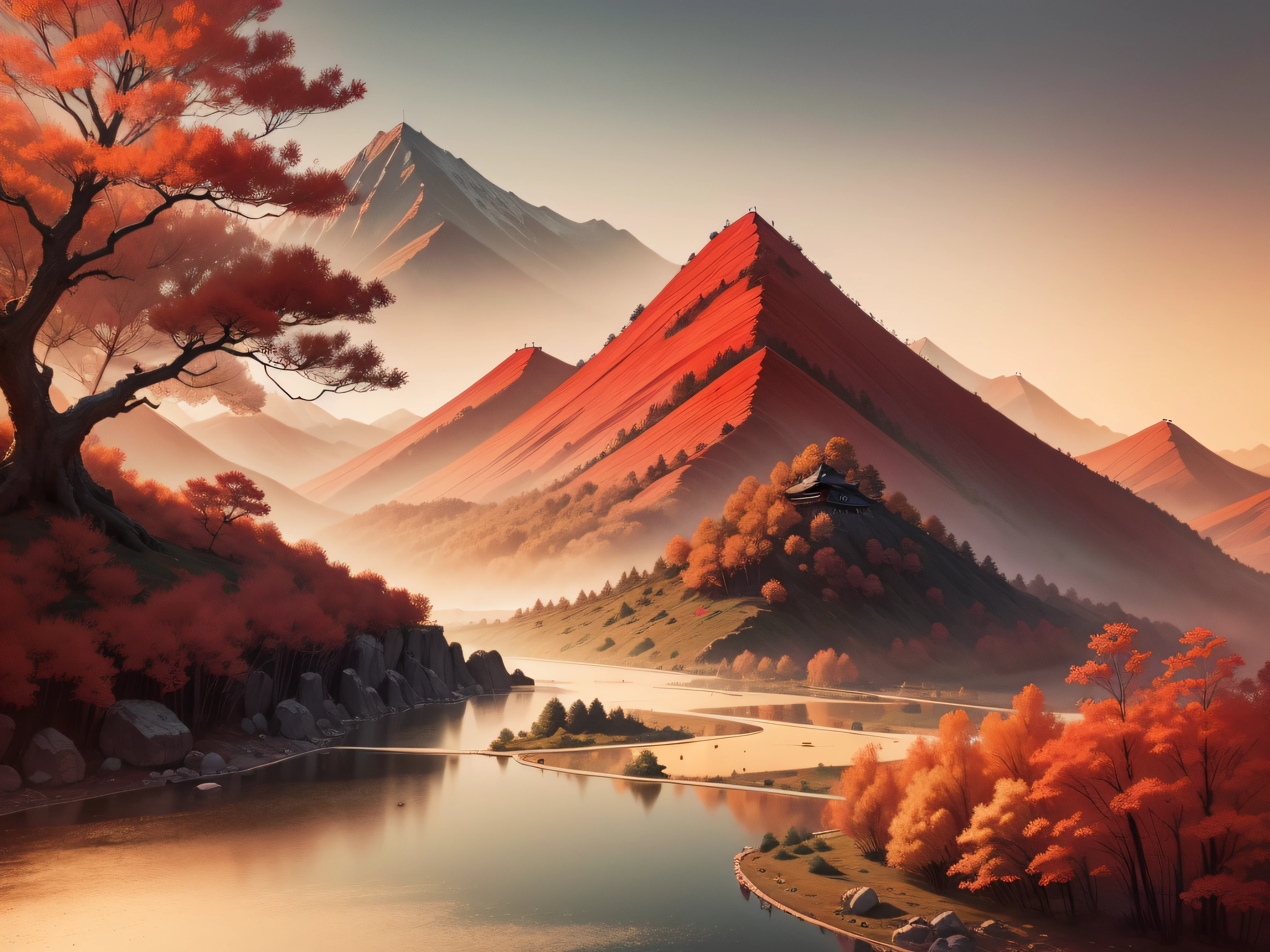 Traditional painting chinese ink red landscape. Painting of hills, trees on a textured paper. Old Asian, japanese design. 4k drawing. Beautiful artwork, water painting