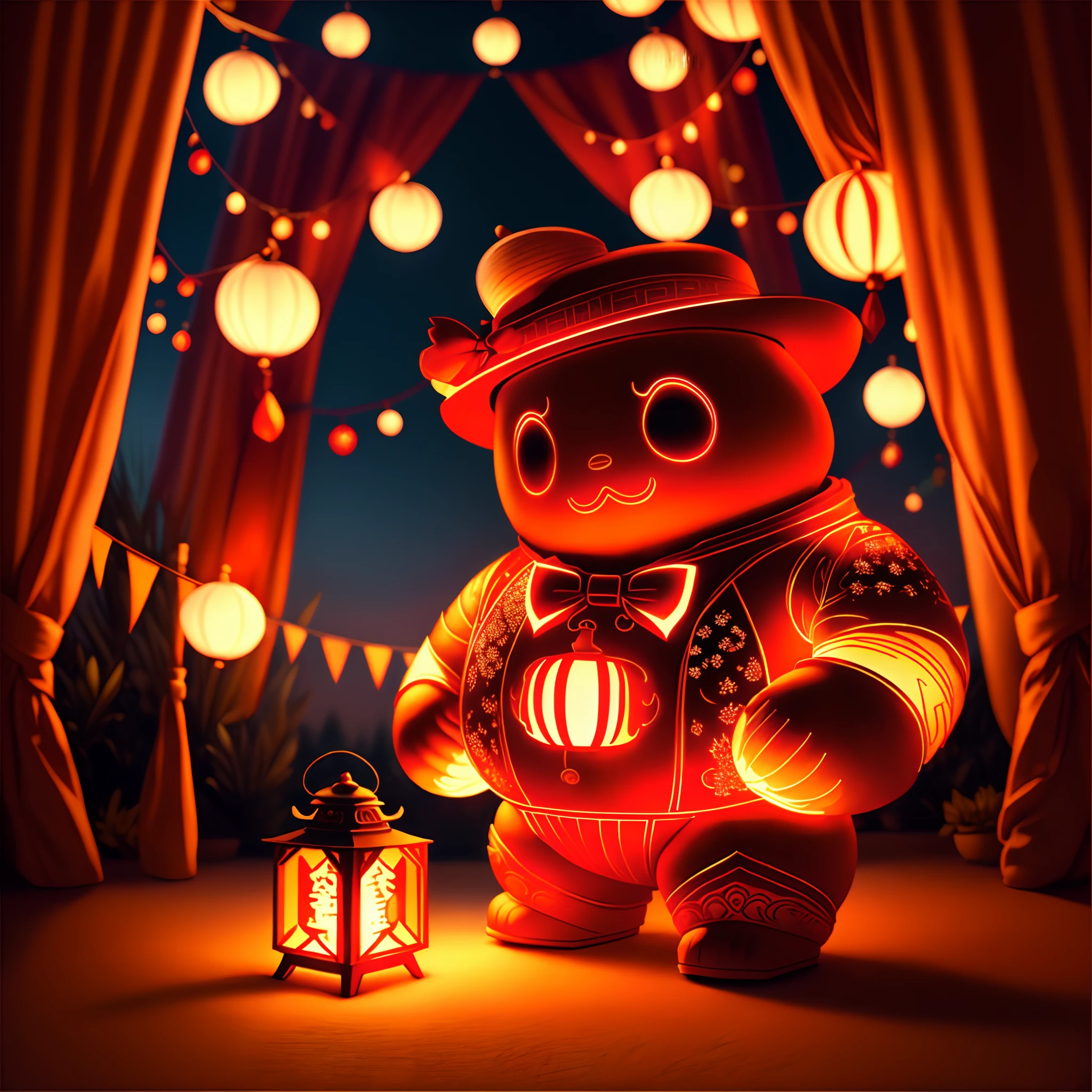 Mid-Autumn Festival ambiance, featuring a modern red fat robot adorned with a bowtie, donning a hat, holding a brightly illuminated lantern, against a backdrop depicting the festive spirit of the occasion.