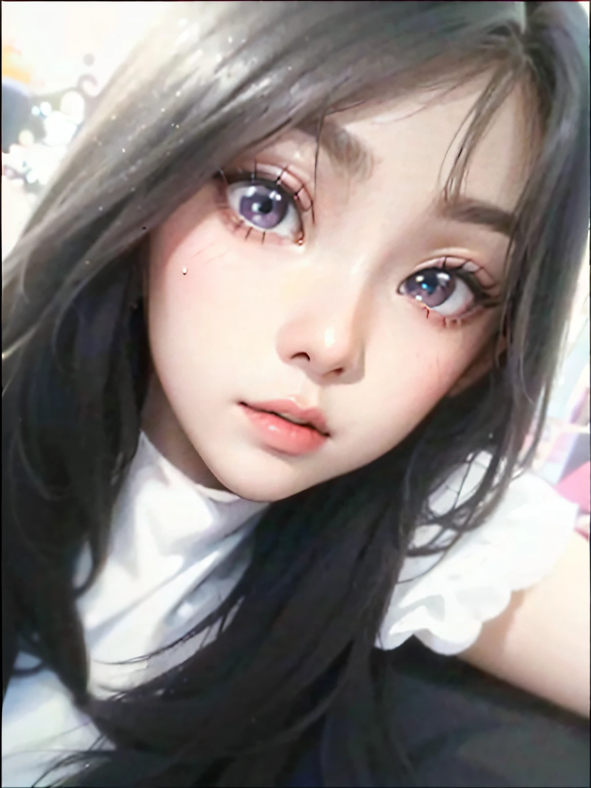 a close up of a woman with long black hair and a white shirt, ulzzangs, cruel korean goth girl, wan adorable korean face, young lovely Korean faces, Korean girl, tzuyu from twice, Anime girl in real life, She has a cute face, young cute wan asian face, 19-year-old girl, her face looks like an orchid