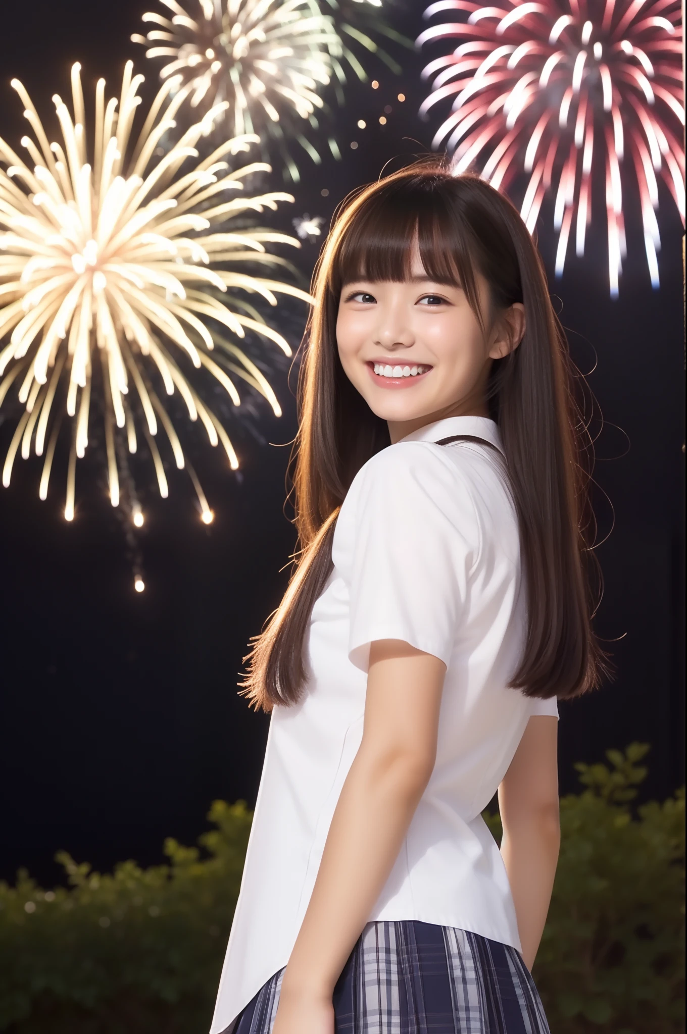 A smile、hi-school girl、While doing fireworks