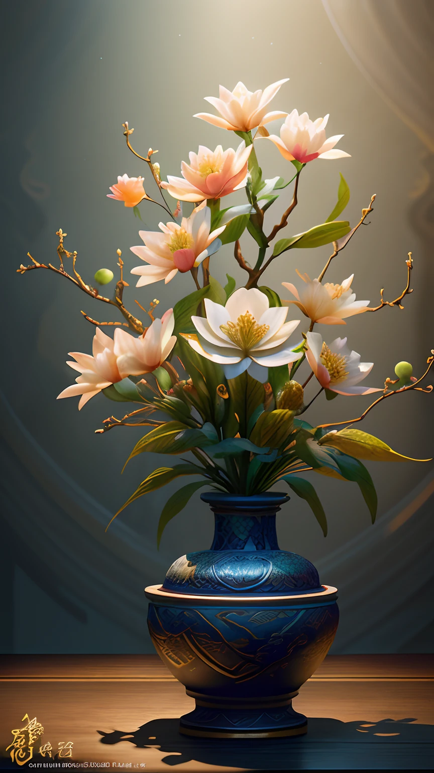 There is a blue vase with flowers in it on a table - SeaArt AI