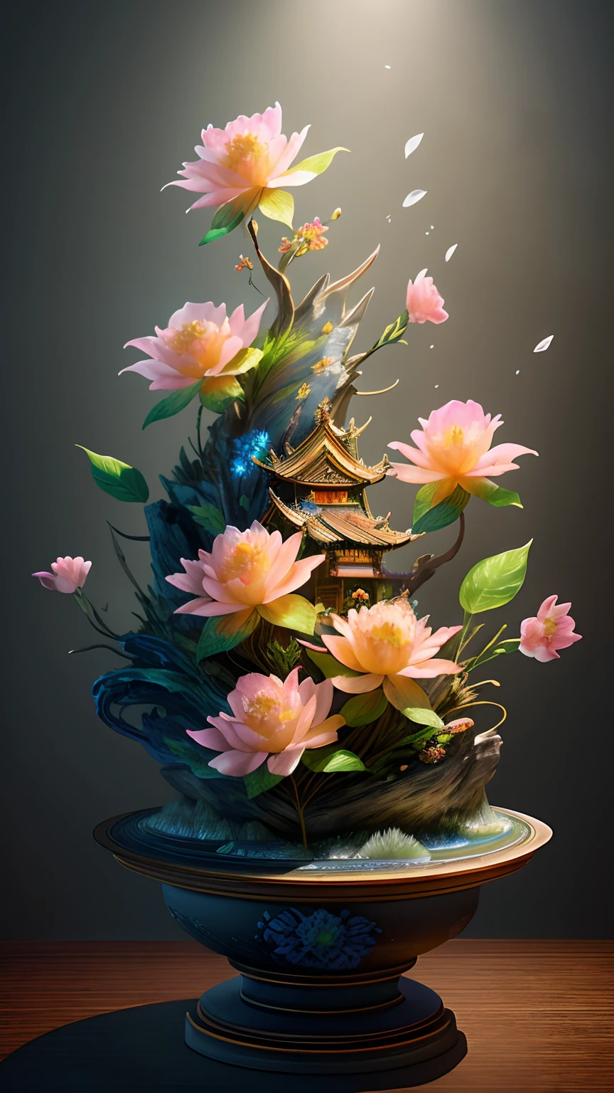 best quality, realistic, photorealistic, ultra detailed, "Mountain of Flower and Fruit+Fairy+Chinese Architecture" highly detailed carving on "southern ice" porcelain,Ultra wide angle,Accent Lighting,Volumetric Lighting,backlighting, (detailed light),((an extremely delicate and beautiful)),dramatic_shadow,ray_tracing,hdr