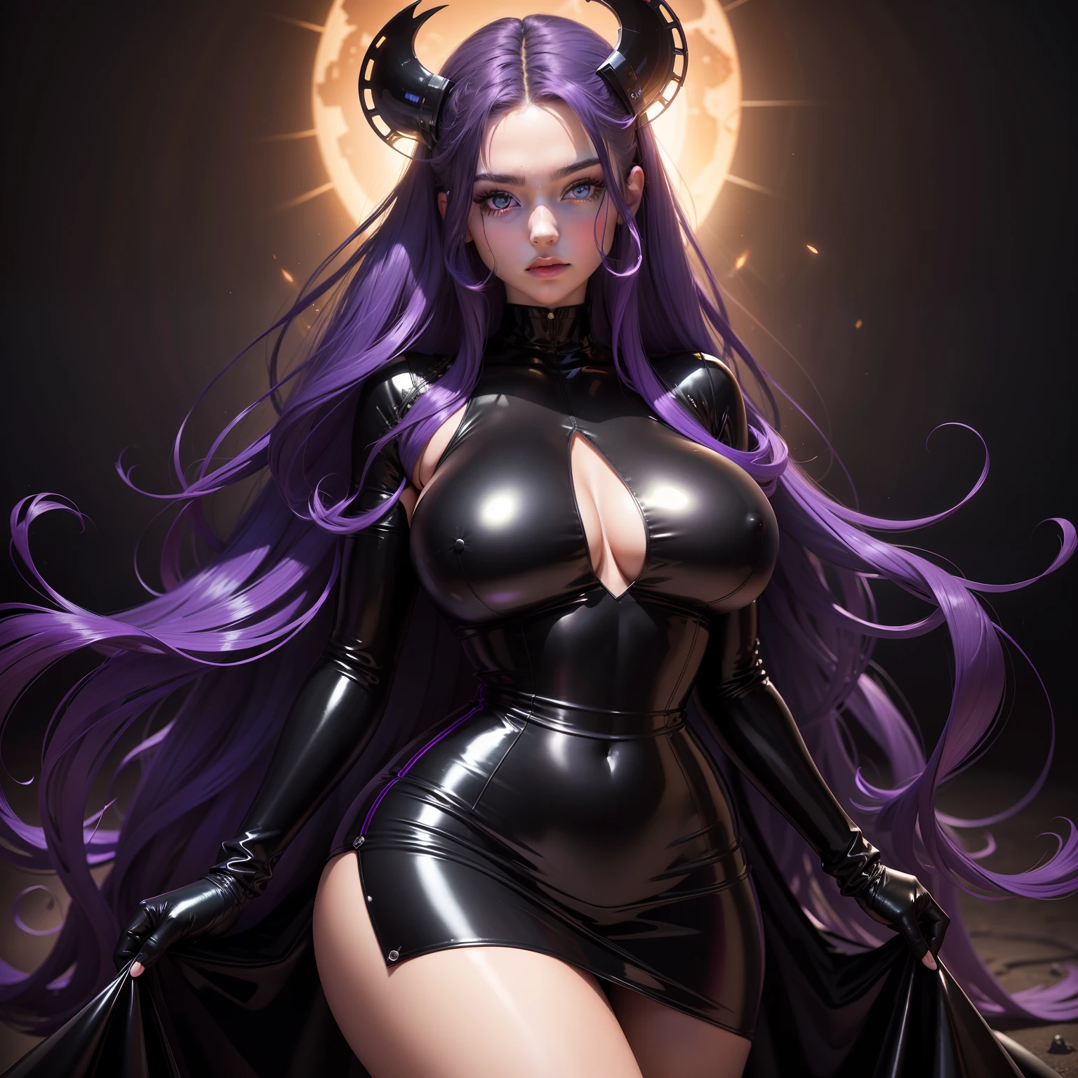 (highres, ultra detailed), masterpiece, best quality, a beautiful 18 years old woman in sexy black latex dress with gloves, cute, solo, long hair, purple hair, amber eye, glowing eye, glow effect, finely eye, detailed face, looking at viewer, black aura swirl, huge breasts, curvy, sun, rim light