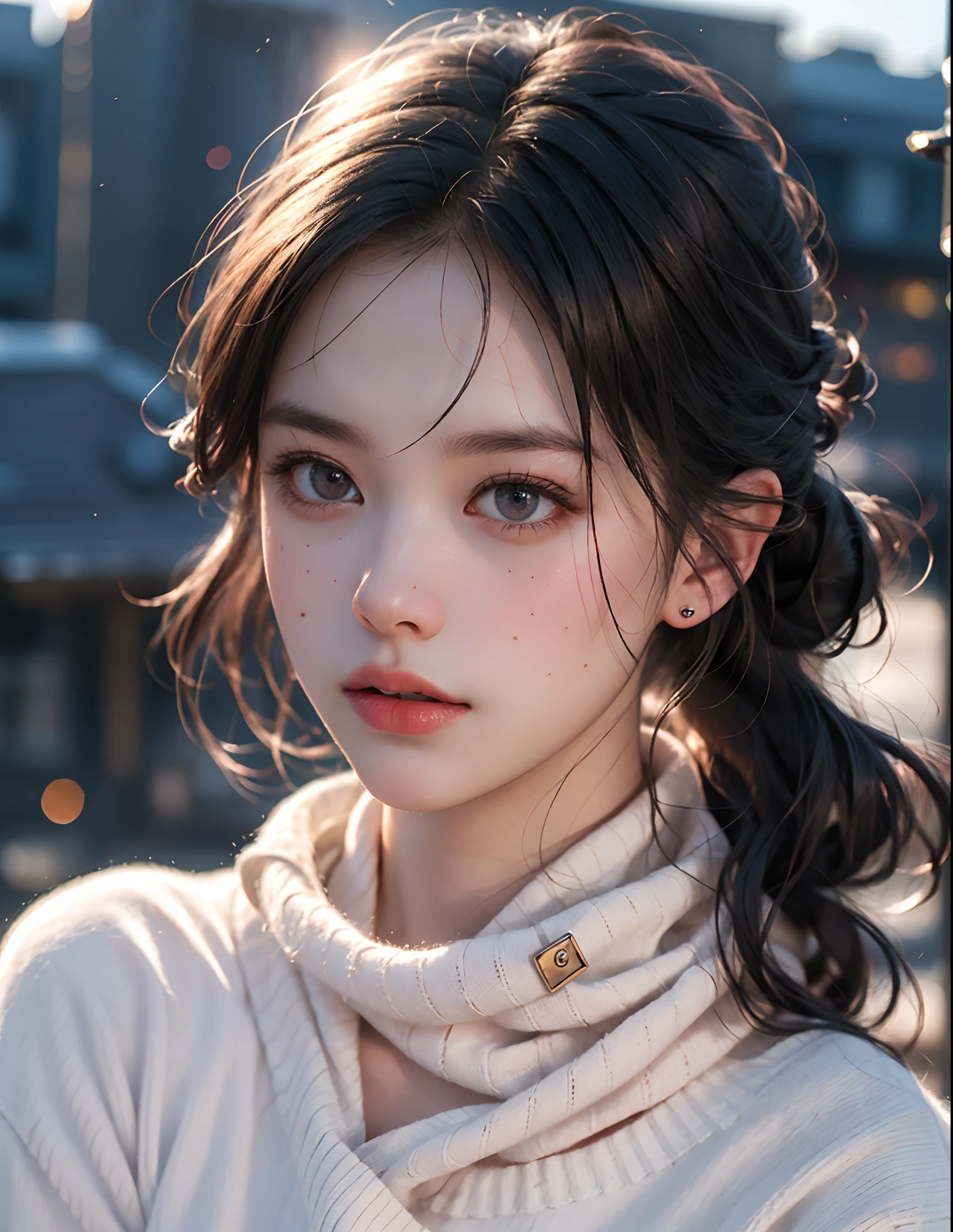 8k, RAW photo, best quality, masterpiece, high detail RAW color photo, professional photograph, (realistic, photorealistic:1.37), (high detailed skin:1.2), high resolution, beautiful detailed eyes, (hard focus:1.4), (sharp focus:1.4),
realistic , (8K UHD:1.2) , photoreaslistic
High quality shadow, 
parted_lips, slender face,
(wavy hair), Half-up top knot, Crown braid, Pink eye color, suggestive look,
(extremeface closeup),  pov, (((depth of field))), pale and lustrous skin, 
Cropped cowl neck sweater,
30yo teen age,
buruma,
Rooftop,
bokeh, lens flare, (vignette:0.8), dramatic lighting, cinematic lighting, back light, professional lighting, physically-based rendering, ulzzang-6500-v1.1, pureerosface_v1.