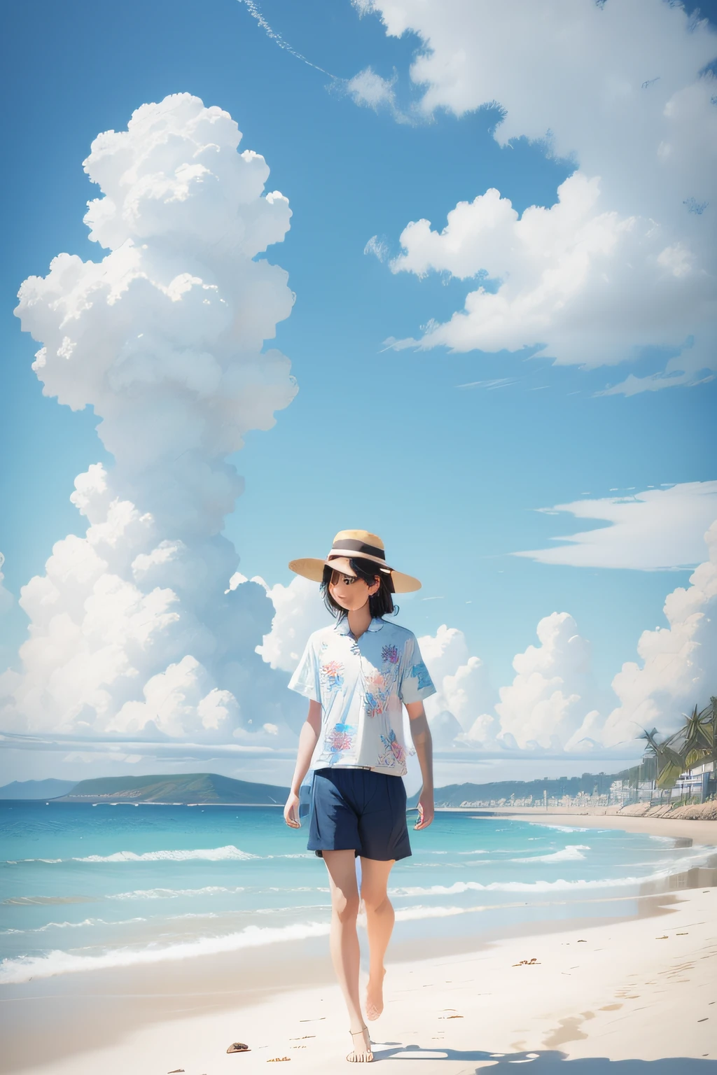 summer day,sea beach,Standing painting,Floral shirt,The character is in the lower right corner,with blue sky and white clouds,taking a walk,frontage