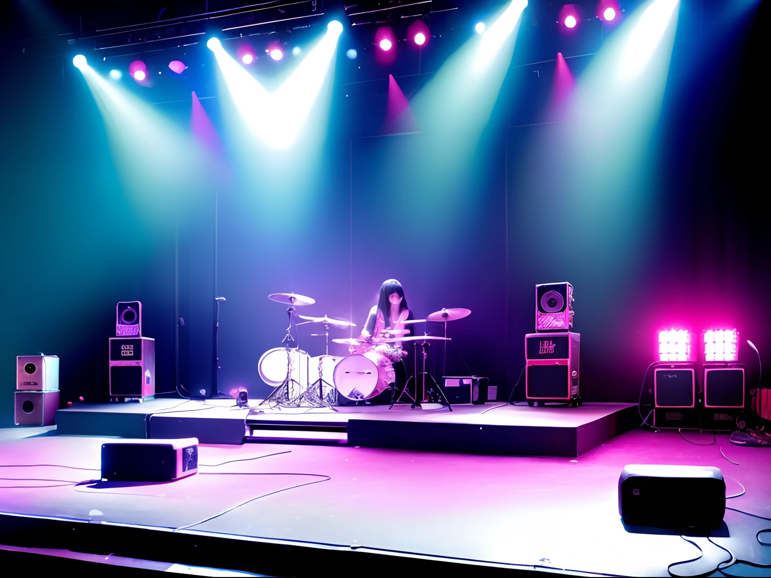 show stage、DJ Booth、Guitar amp、Drum kit、Cocktail lighting、Spectators sitting around