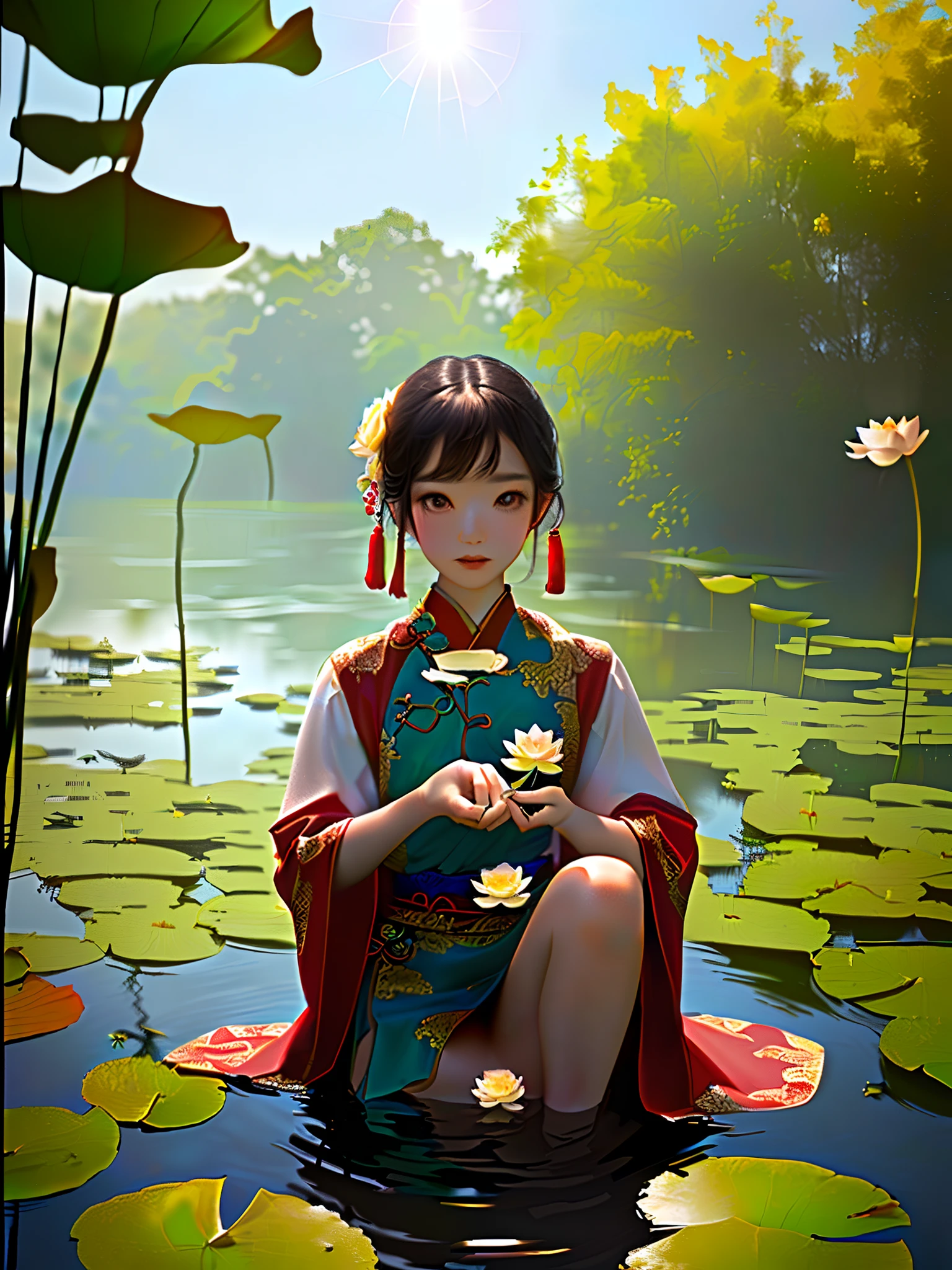 Close up portrait of a cute Chinese girl picking lotus and touching fish in a lotus pond，Schools of fish catch fish ， Realistis， tmasterpiece， highest  quality， lens flare glow， shadowing， blooms， [[color difference]]， JeremyLipking， Antonio Manzanedo， digitial painting