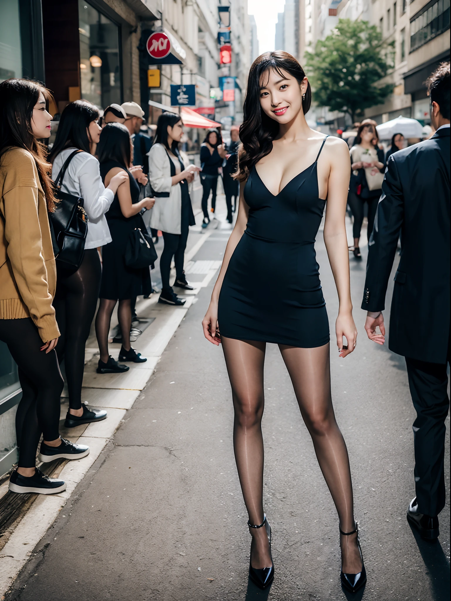 ,(RAW photo:1.2), (Photorealistic:1.4),Beautiful Meticulous Girl, very detailed eyes and faces, Beautiful detailed eyes, ultra - detailed, A high resolution, The is very detailed，best qualtiy，1个Giant Breast Girl，tmasterpiece，Beautiful outfit，a skirt，illustratio，The is very detailed，unified，8k 壁纸，finely detailled，tmasterpiece，best qualtiy，1个Giant Breast Girl，16 yaers old，Hipster girl，(Camel toes)，(full bodyesbian)，are standing，1girll，solo person，lacepantyhose，Black color hair，shift dresses，long whitr hair，full bodyesbian，looking at viewert，无袖，thongs，black pantyhoses、ssmile，are standing，sleevelessdress，high-heels，bshoulders，Black shoes，Urban streets